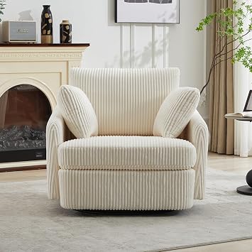 Eafurn 360 Degree Swivel Barrel Chair Accent Armchair, 40.55W Oversized Corduroy Upholstered Reading Lounge Armchair Cloud Couch w/ 3 Throw Pillows and Headrest for Living Room