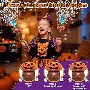 Halloween Pumpkin Bubble Wand for Kids - 2 Pack Automatic Bubble Machine Blower Toys for Toddlers 3-8 with LED Lights, Music Function, DIY Stickers,10 Refill Solutions, Halloween Party Favors Gifts