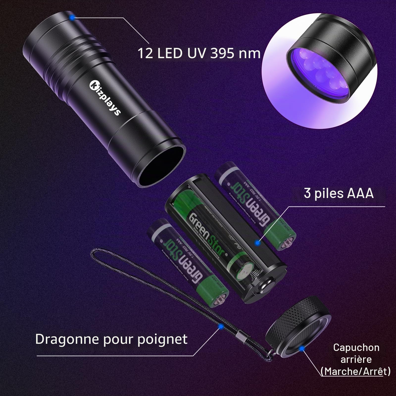 kizplays Lampe de poche UV, 395 nm, détecteur de lumière noire pour urine d'animaux, taches, punaises de lit et plus encore, 3 piles AAA incluses [Classe énergétique A+]