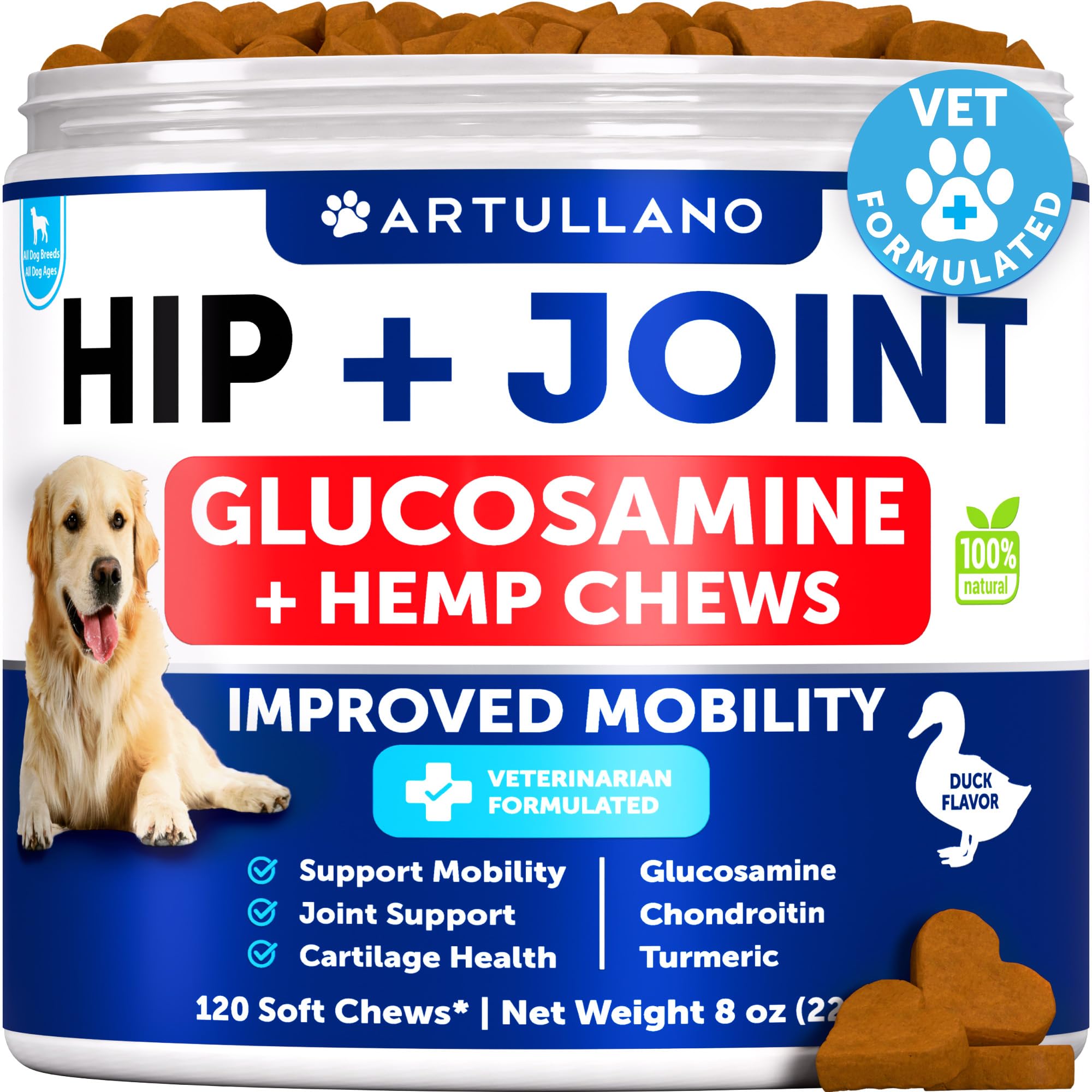 Hemp Hip and Joint Supplement for Dogs - Glucosamine for Dogs Joint Pain Relief - Chews with Chondroitin, MSM, Hemp Oil - Mobility Support, Cartilage Health - For Large, Small breeds - 120 Soft Treats