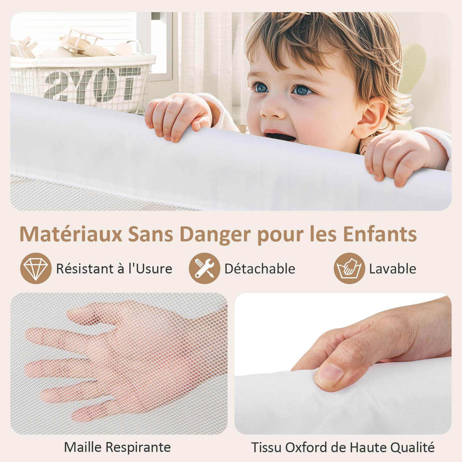 DREAMADE Barrière de Lit Pliable pour Bébé, Barrière de Protection pour Bord de Lit, Rail de Lit Protection pour Enfants, 105CM/120CM/150CMX40CMX42CM, Blanc/Gris/Bleu (Blanc, 105 CM)