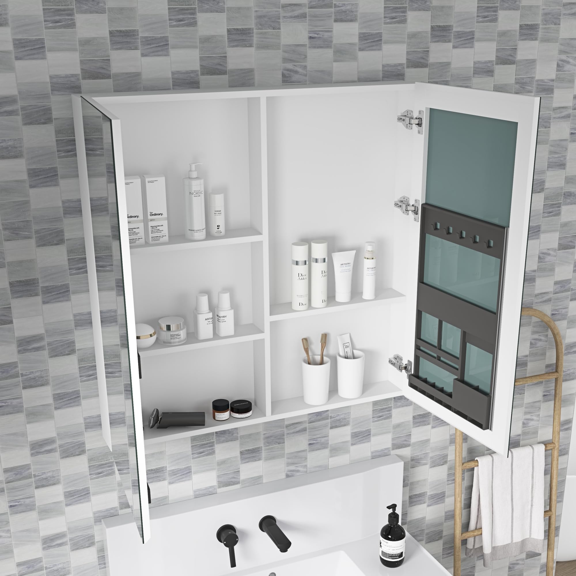 Poeyleja Medicine Cabinet Mirror, 36 * 36 Bathroom Mirror with Storage Recessed or Surface Wall Mounted Medicine Cabinets for Bathroom Waterproof and Rust-Resist Concealed Storage Door