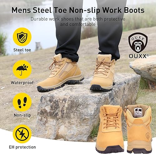 Miniatura 2 de OUXX Botas de trabajo para hombre, con puntera de acero deslizante, de cuero, impermeables, antideslizantes, a prueba de pinchazos, antiestáticas,