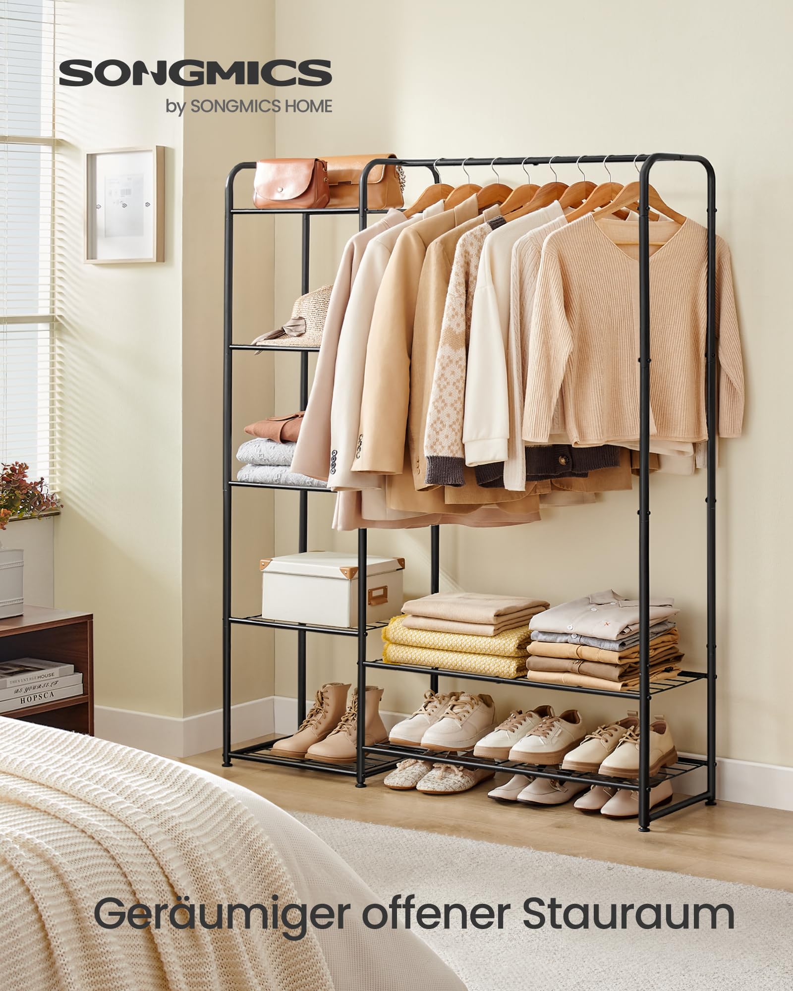 SONGMICS Kleiderständer, offener Kleiderschrank, Kleiderstange, Garderobenständer mit Ablagen, Garderobe aus Metall, freistehend, 29 x 112 x 158,4 cm, mattschwarz LGR462B01
