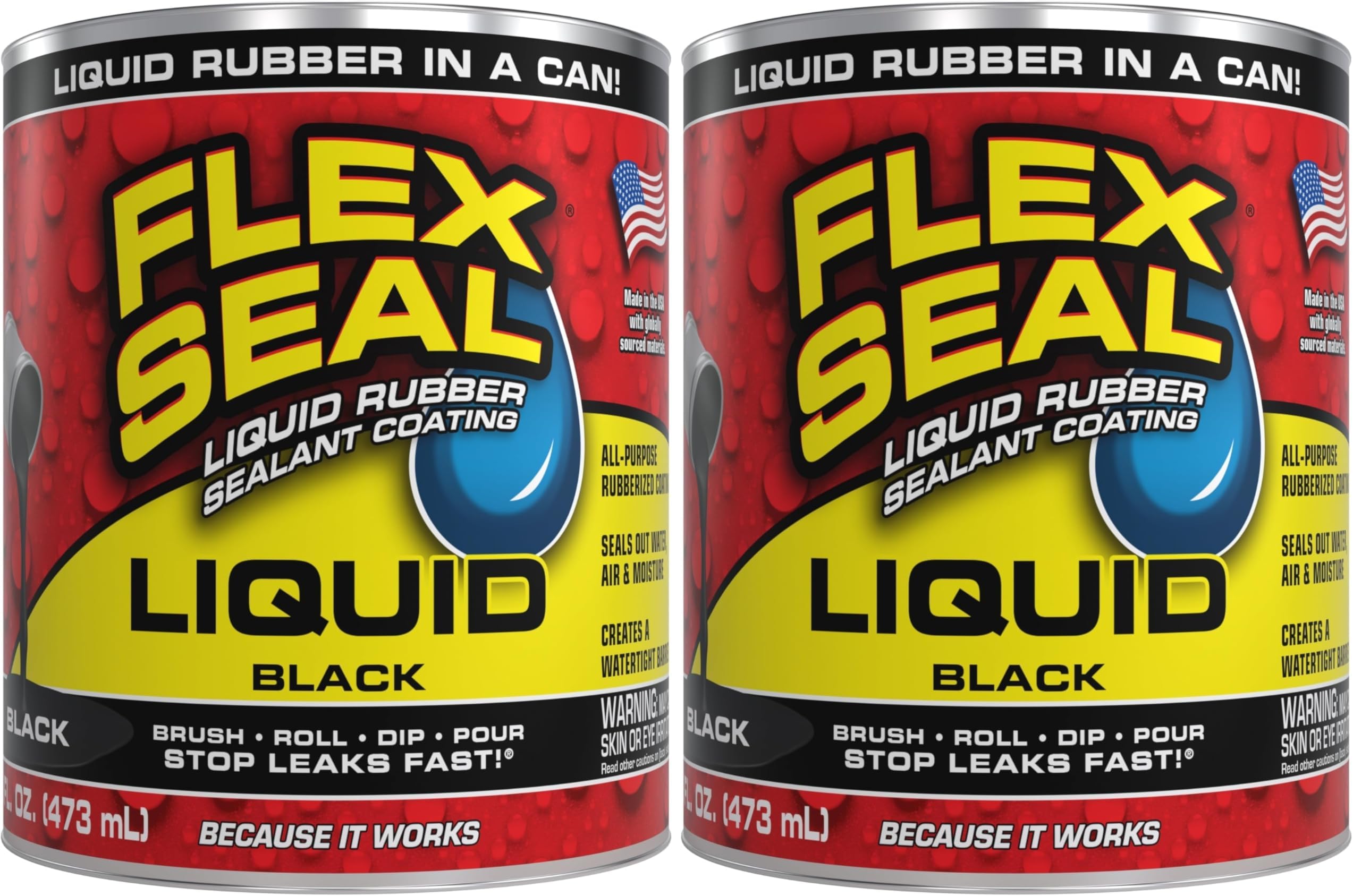 Flex Seal Liquid, 16 oz, Black, Liquid Rubber Coating Sealant, Waterproof, Flexible, Breathable, and UV Resistant, Roof Repair, Basements, RV, Campers, Trailers, Marine, EPDM, Masonry (Pack of 2)