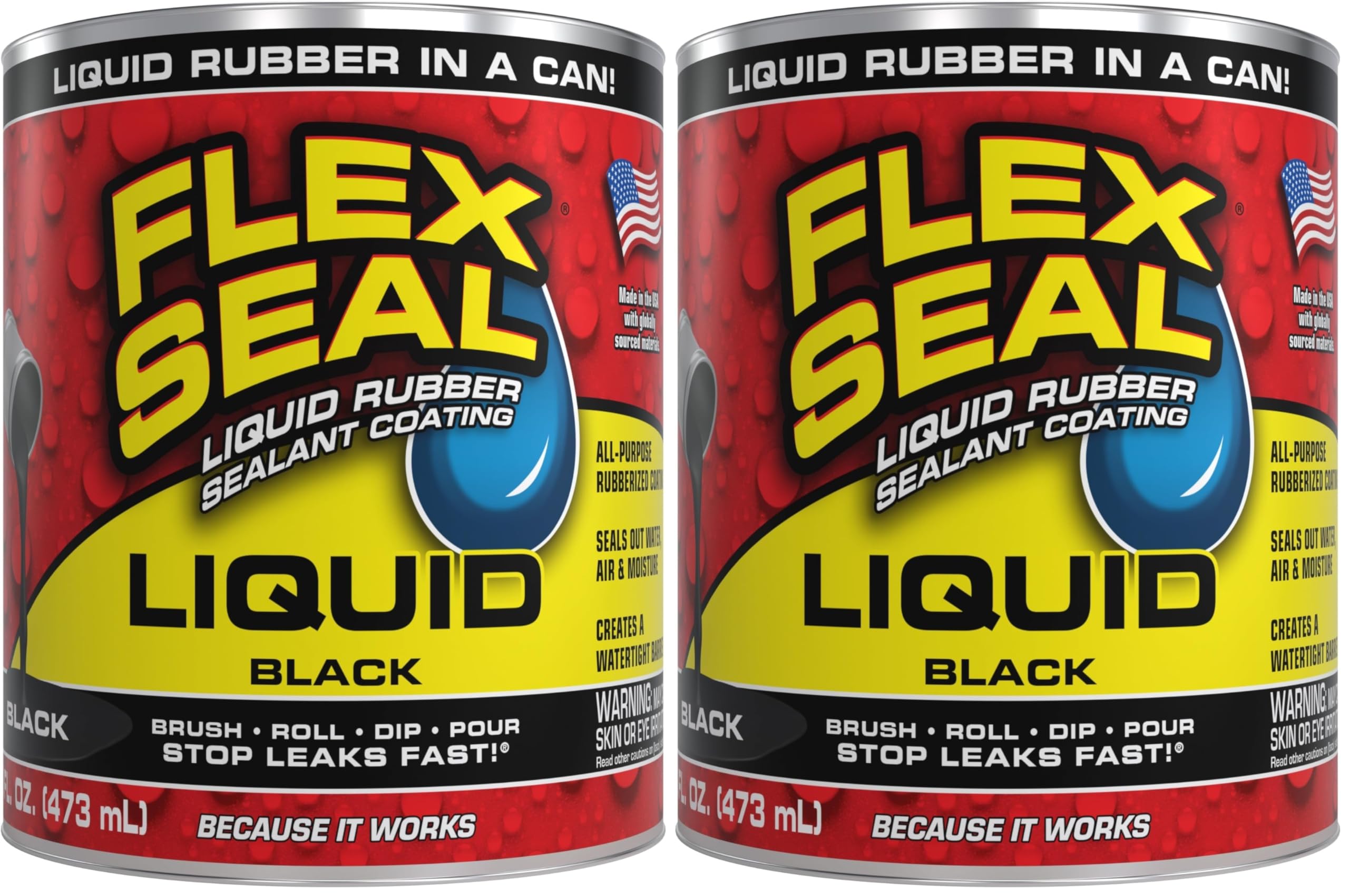 Flex Seal Liquid, 16 oz, Black, Liquid Rubber Coating Sealant, Waterproof, Flexible, Breathable, and UV Resistant, Roof Repair, Basements, RV, Campers, Trailers, Marine, EPDM, Masonry (Pack of 2)