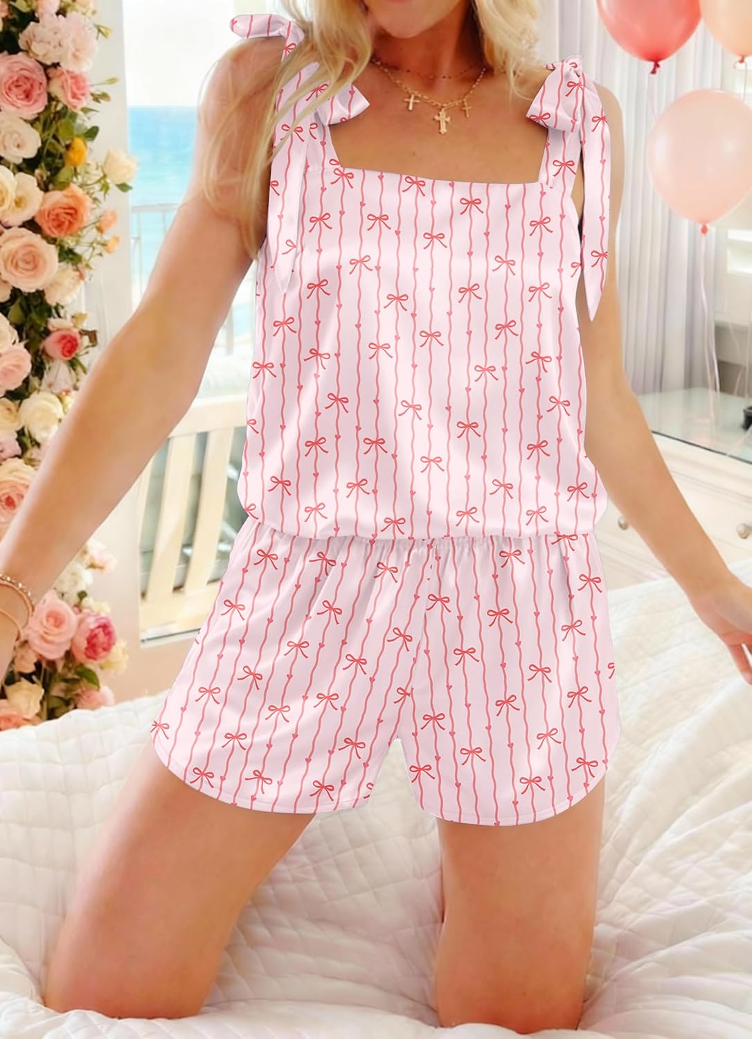 Ekouaer Womens Silk Pajama Set Bow Tie Knot Tank Top Satin Pjs Sets for Bridal Party 2 Piece Cami Shorts Sleepwear S-XXL - Image 3