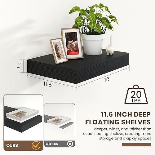 Miniatura 3 de Estantes flotantes profundos  Juego de 2 estantes flotantes negros de 16 pulgadas  Estantes de pared negros de 12 pulgadas de profundidad  Estantes