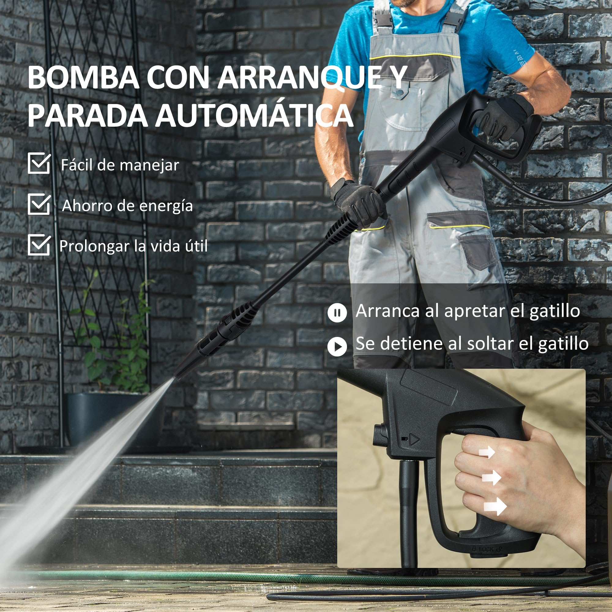 DURHAND Hidrolimpiadora de Alta Presión 1800W 150 Bar 6 m Verde y Negro | Caudal 510 L/h, Bomba de Aluminio, Parada Automática, Incluye Botella de Jabón, Boquilla, Cepillo