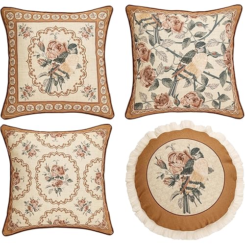 patdrea Designer Vintage Floral Throw Pillow Covers for Couch Set of 4,Brown Yellow Linen Pillowcases with Bird and Rose Pattern Decorative Cushion Cover for Bedroom Living Room Outdoor Car Cafe