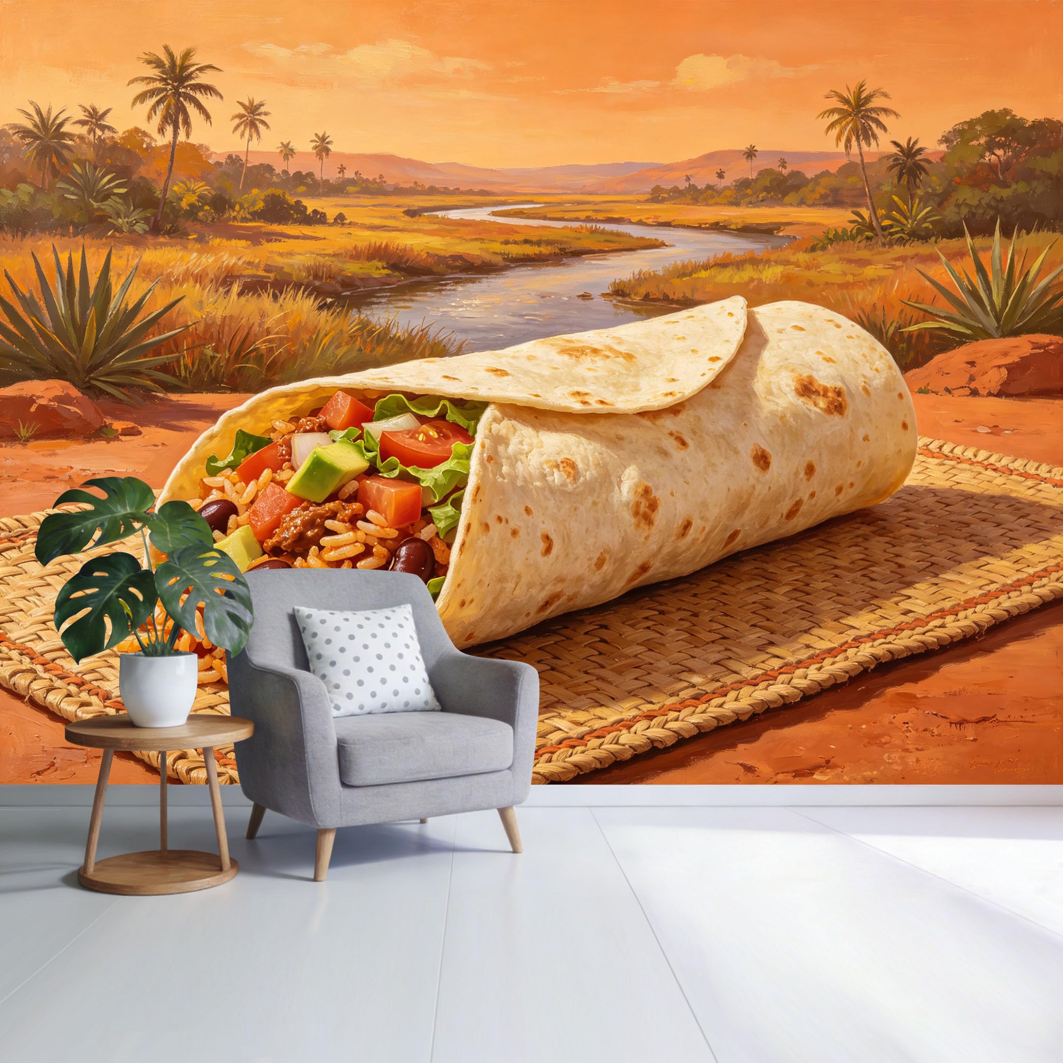 Custom Size Wall Mural Tropical Landscape River Sunset with Burrito Food Art Warm Desert Scenery SelfAdhesive Wall Fabric Removable Wallpaper for Home Office Decor