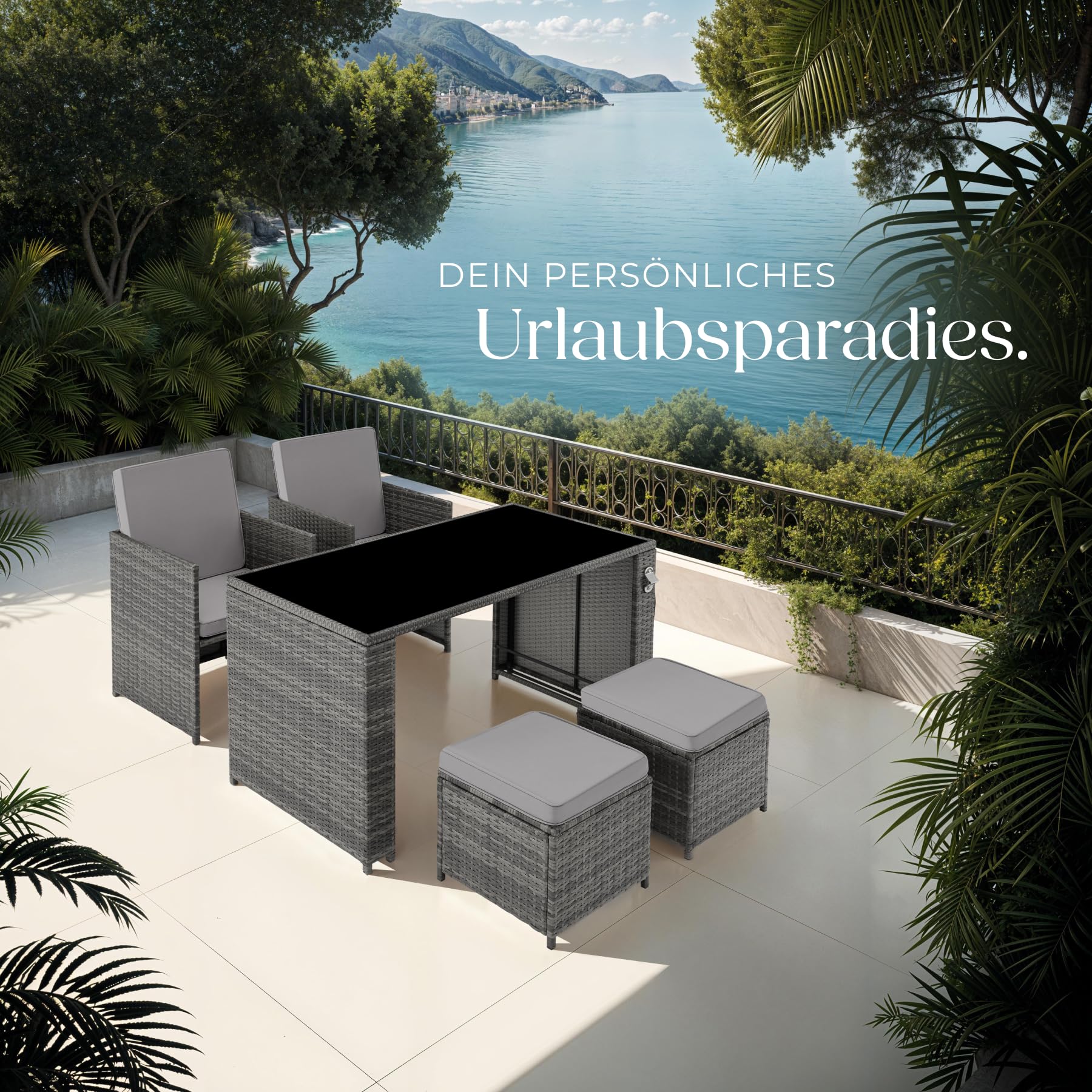 tectake Poly Rattan Sitzgruppe, 5- teiliges Lounge Gartenmöbel Set mit Tisch, Sessel & Hocker, Essgruppe für bis zu 4 Personen, Garten und Balkon Möbel inkl. Polster - grau