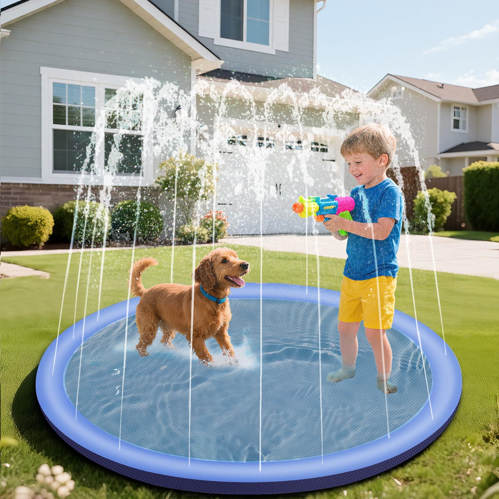 vsshe Dog Pool, Small Paddling Pool, 100CM Foldable Sprinkle and Splash Water Play Mat