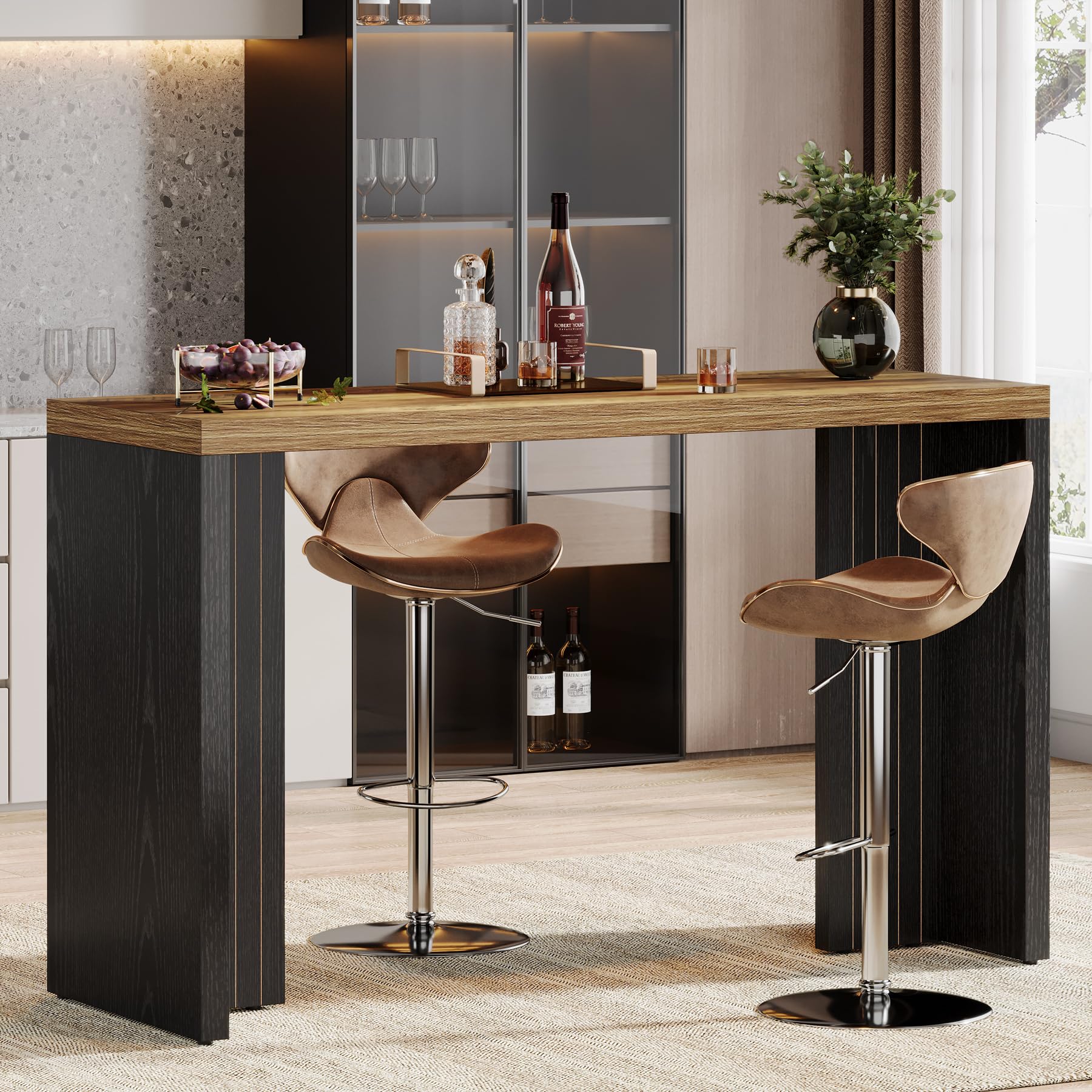 Tribesigns Home Bar Unit, 55.12-Inch Bar Table with a Spacious Tabletop, Modern Freestanding Mini Bar for Home Kitchen, Living Room, Balcony, Basement, Walnut & Black
