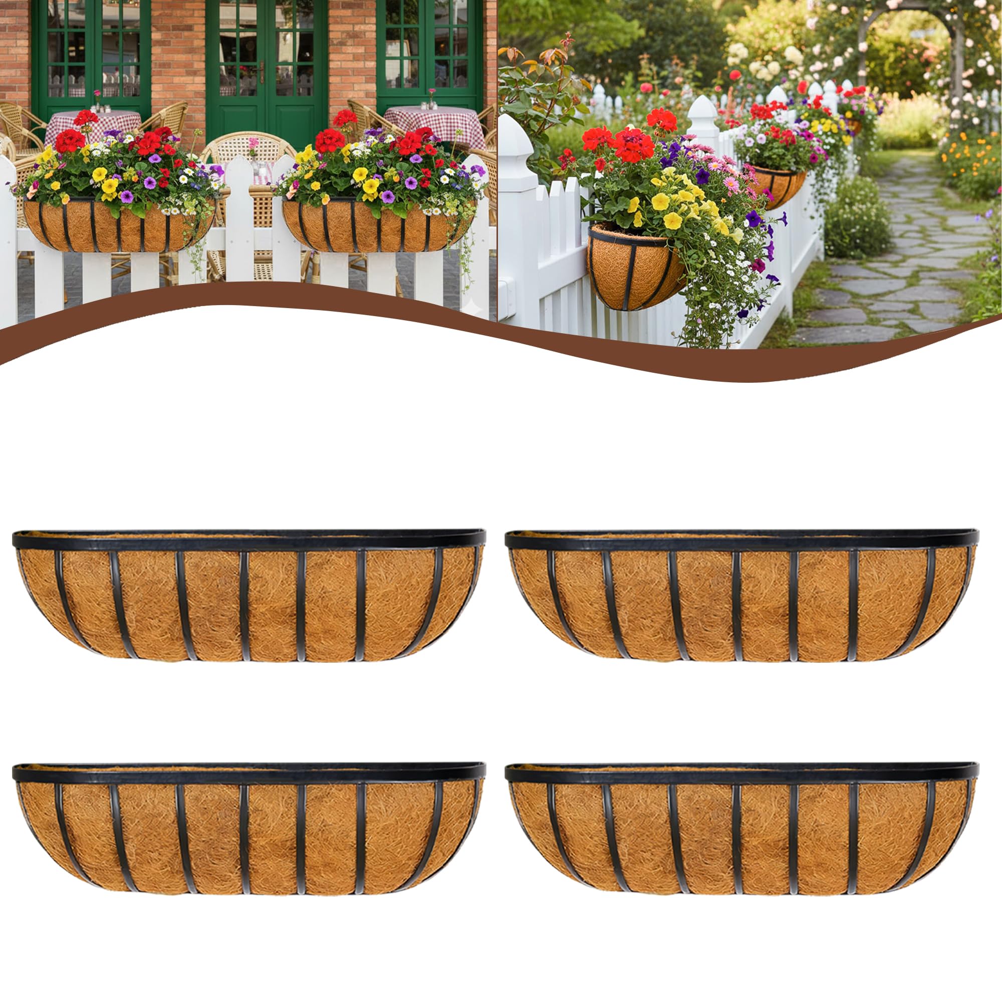 JFFLYIT 4 Pcs 16“ Railing Planter Window Box Deck Railing Planters Boxes with Coco Liner English Horse Trough Planters Metal Wall-Mounted Planter
