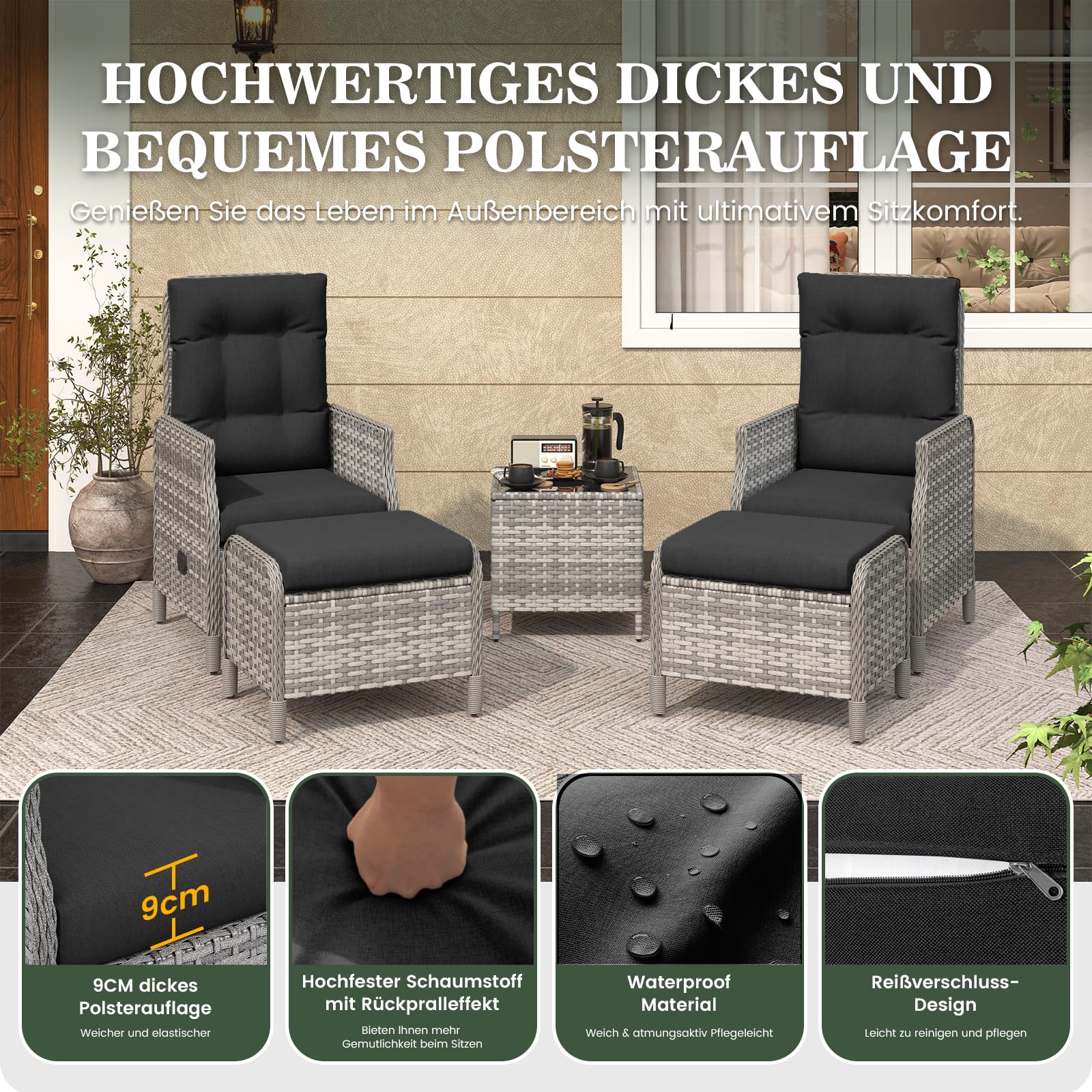 Amopatio Rattan Gartenmöbel Set mit 2 Verstellbarem Rattan Sessel, 2 Hocker & Glastisch, Wetterfest Lounge Möbel Outdoor mit Softkissen, für Garten,Terrasse & Balkon, Grau-meliert & Schwarz Bezüge