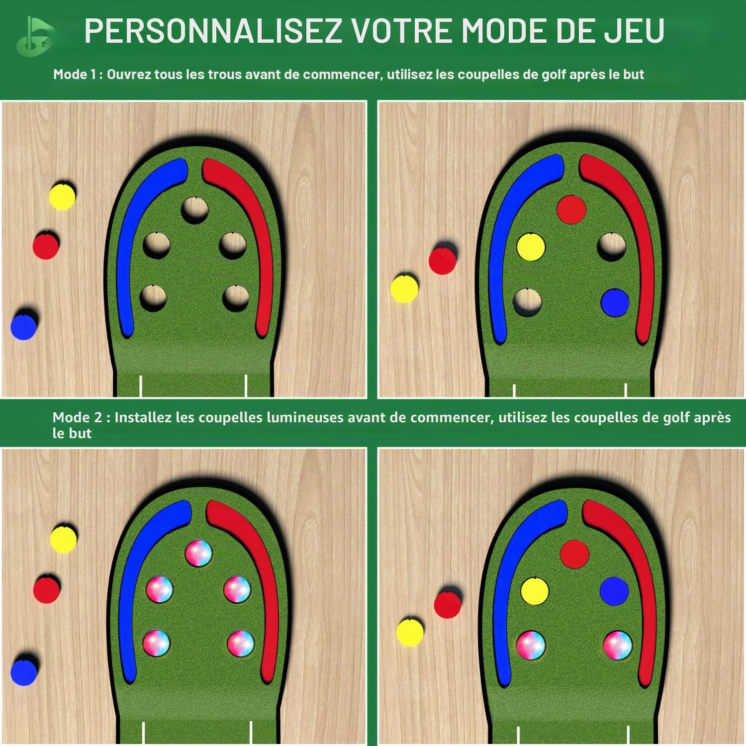 Jeu de Golf Vatos - Tapis de Putting d'intérieur pour Enfants avec balles et Trous LED, Clubs de Golf, Divertissement Familial pour la Maison et Le Bureau, Cadeau pour Enfants, Adolescents et Adultes
