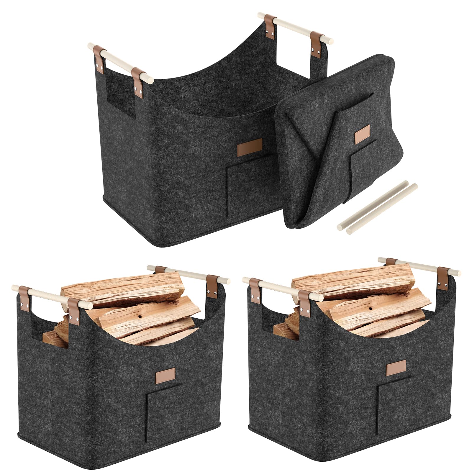 Aufun 4 x Brennholzkorb Holzkorb für Kaminholz, XXL Faltbarer Brennholzkorb | Filzkorb Extra dicker Filz und Griff, Groß Filztasche für Einkauf, Holz, Zeitung oder Brennholz (50x32x40 cm, Dunkelgrau)