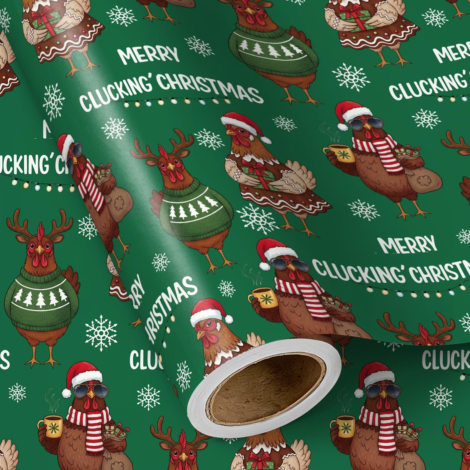 RUSPEPA Farm Chicken Christmas Wrapping Paper - Mini Roll - 43.2cm x 5m - Colorful String Lights and Dressed Up Chicken Wrapping Paper for Christmas, Holiday, Party Celebration