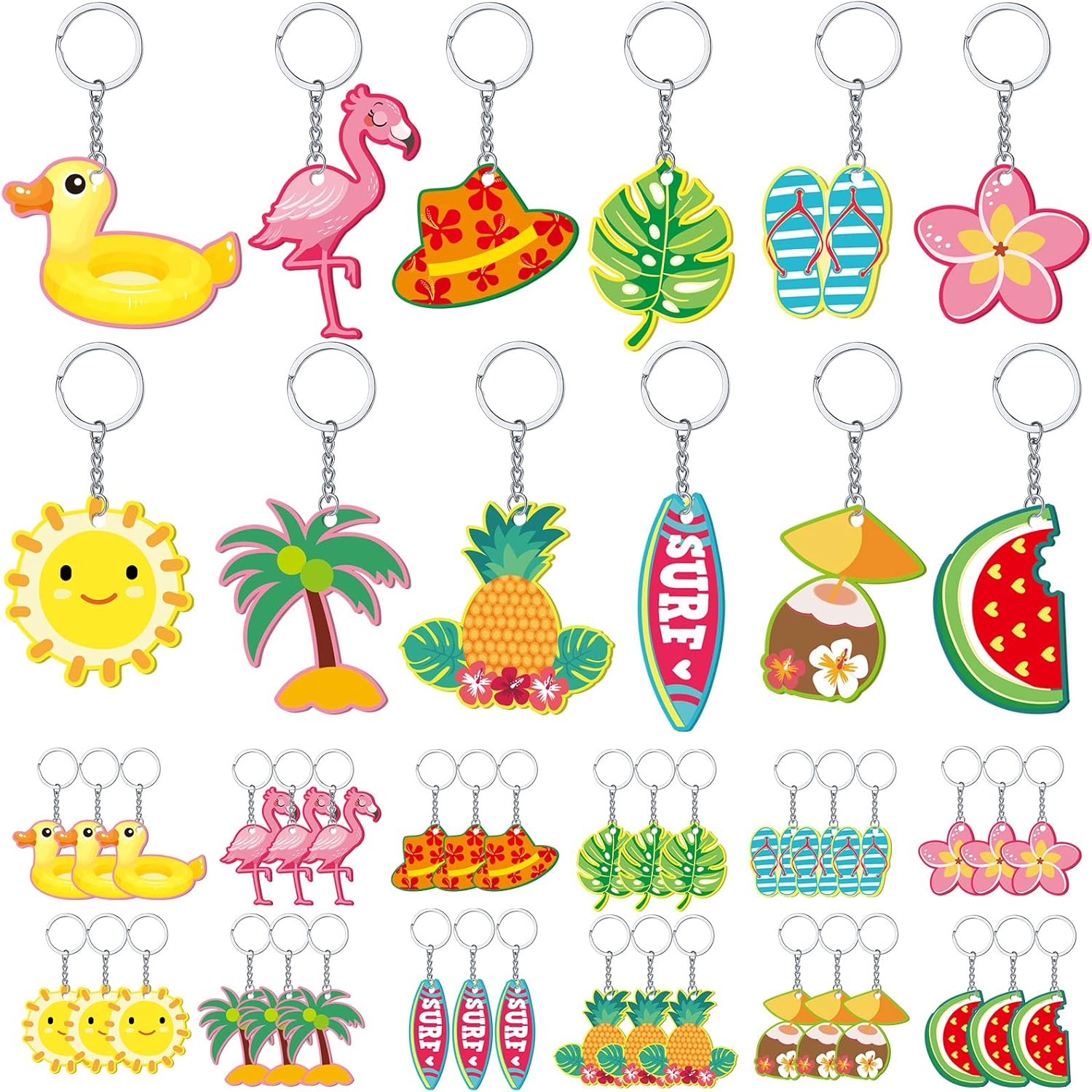 Janmercy 36 Pieces Hawaiian Luau Party Favors Summer Flamingo Pineapple Beach Keychain Tropical Hawaiian Key Ring for Kids Summer Theme Luau Key Ring Party Favor Supplies, 12 Styles (Lovely)