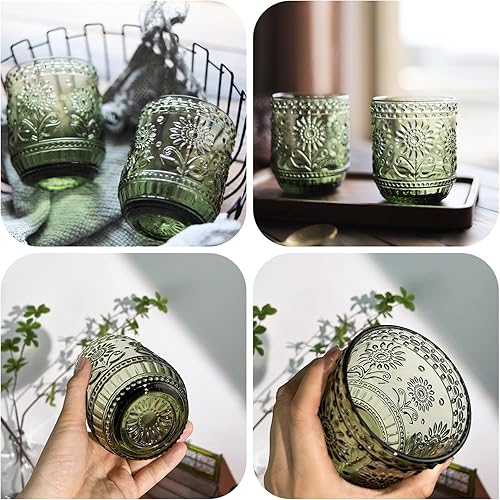 Miniatura 6 de Tazas vintage en relieve, copas de vino vintage de 12 onzas, 4 vasos para beber con diseño de girasol, cristalería verde floral en relieve para