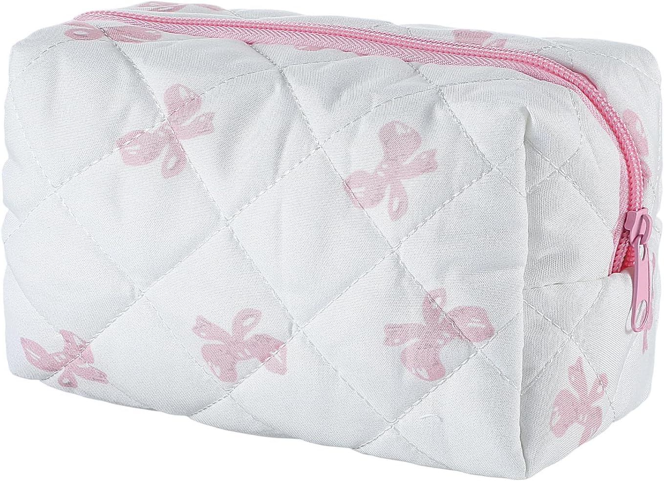 Quilted Makeup Bag, Small Floral Makeup Bags Pouch Toiletry Bags Kawaii Cotton Puffy Cosmetic Pouch Cute Bow Coquette Cosmetic Bag with Zipper for Women Girls Travel Daily Essential Purse