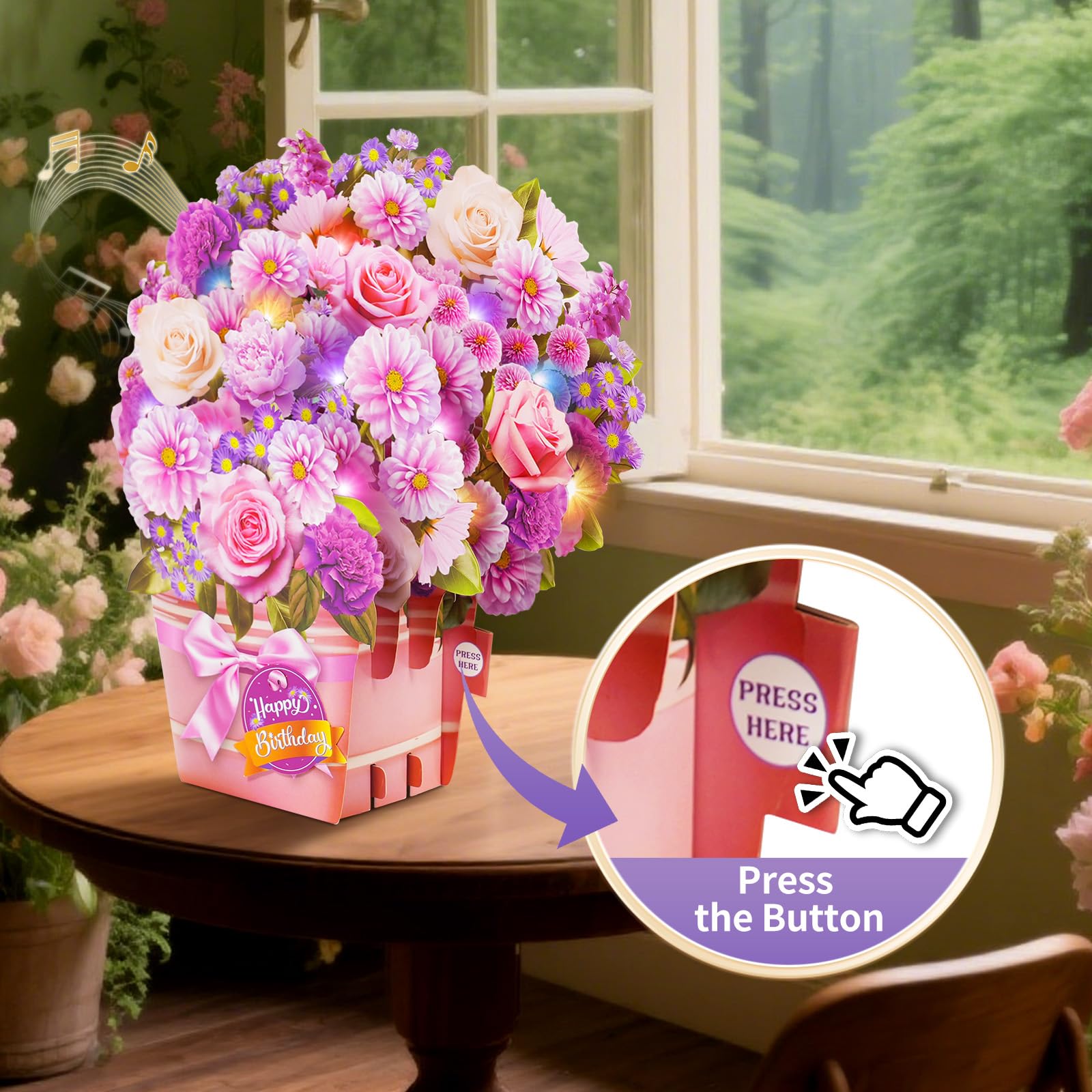 APOTODITO Tarjetas de cumpleaños desplegables, regalos del día de la madre, tarjeta de cumpleaños con música y luz, tarjeta 3D de ramo de flores, regalos del día de San Valentín, tarjetas del día de