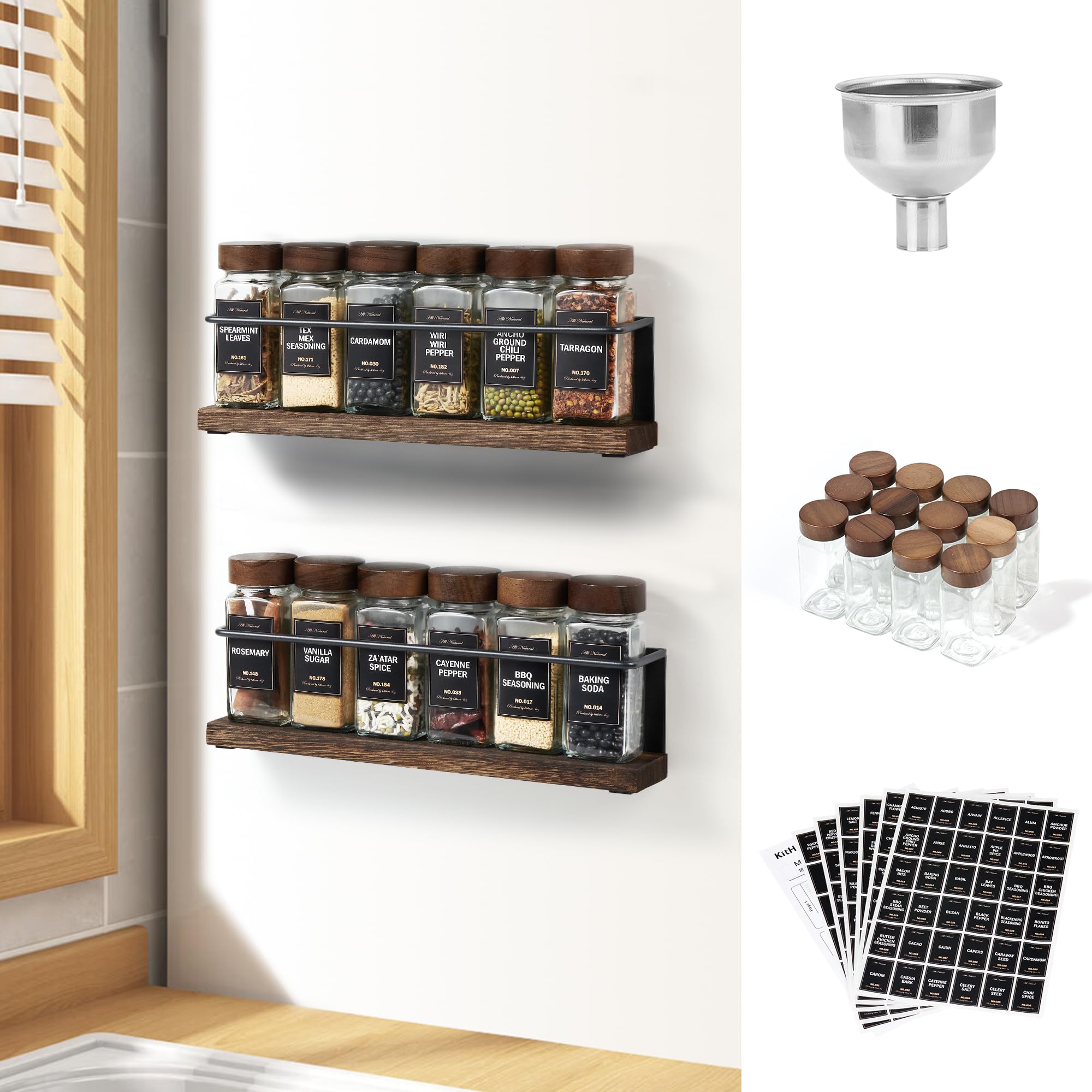 KitHero Wooden Lid Magnetic Spice Rack with 24 Jars, 216 Labels, 1 Steel Funnel for Refrigerator，Microwave Oven - Full Set of Spice Organizer