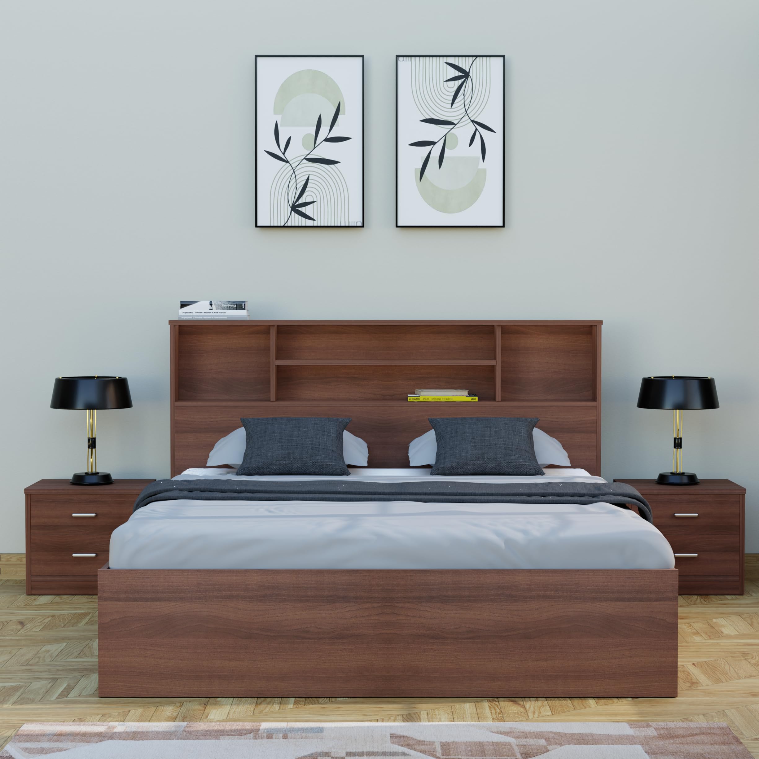WOODCLOUD Queen Size Engineered Wood Bed with Headboard & Box Storage - Walnut Finish-image-45