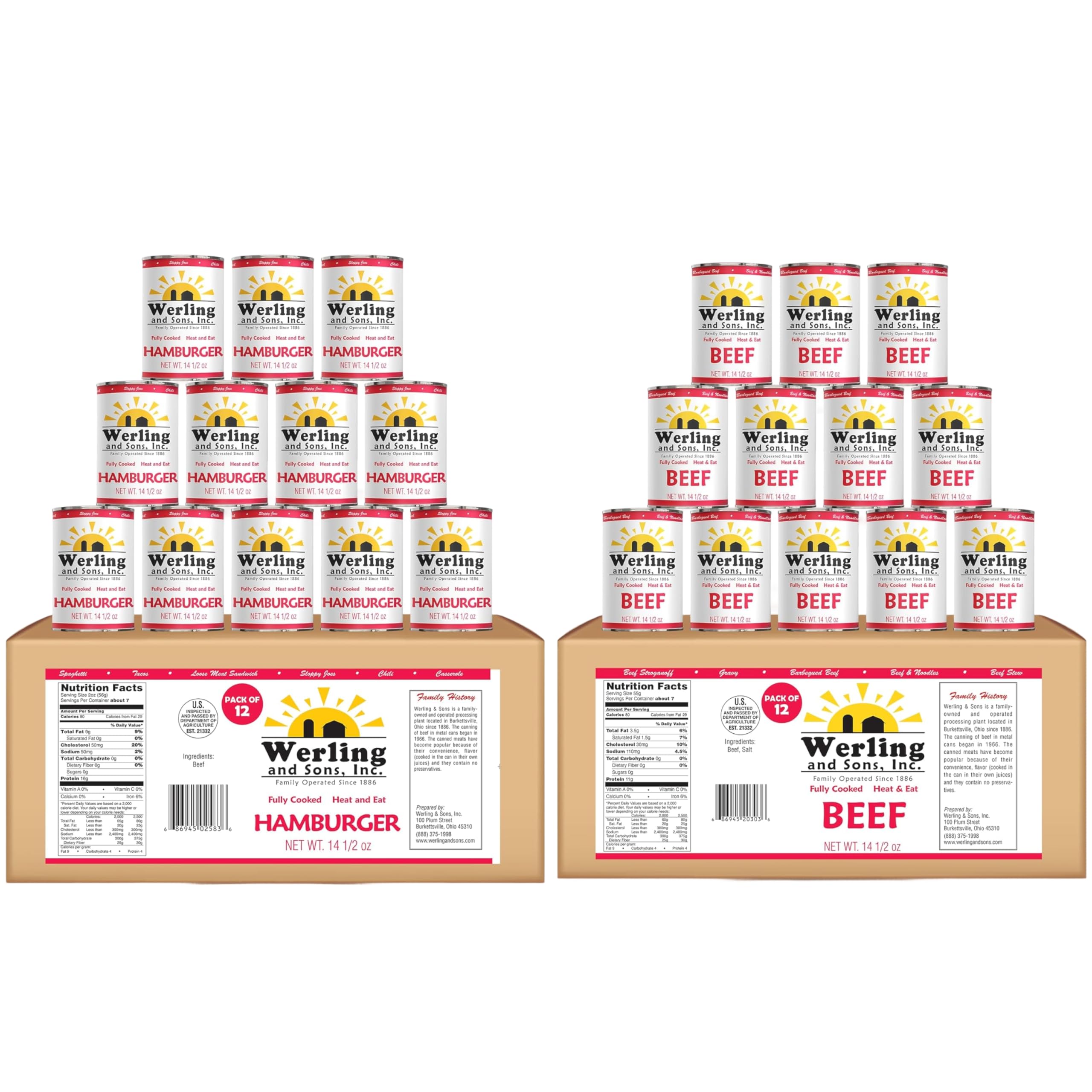 Werling Meats Canned Hamburger & Canned Beef 14.5 oz Each – Fully Cooked Heat & Eat Shelf Stable Meat, 5-Year Shelf Life, Pantry Staple, Emergency & Camping Food Supply – 24 Cans Total