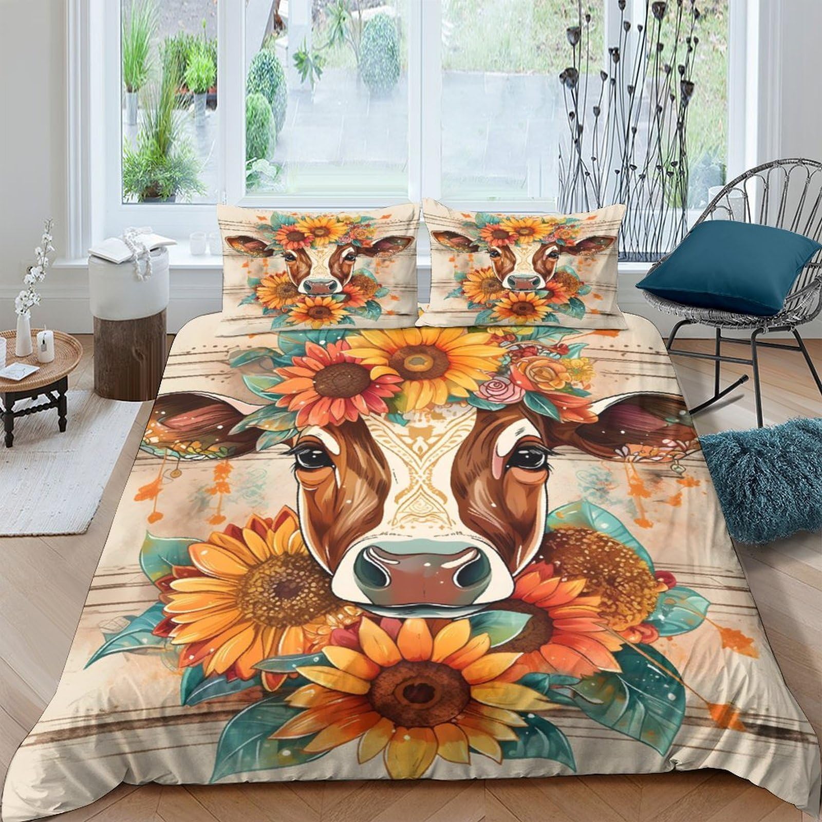 Ctjqhvkz Style-8 3D Printed Sunflower Cow Fitted Sheet Microfiber Soft Breathable Rustic Farmhouse Mattress Cover For Bedroom Decor Single（135X200cm）
