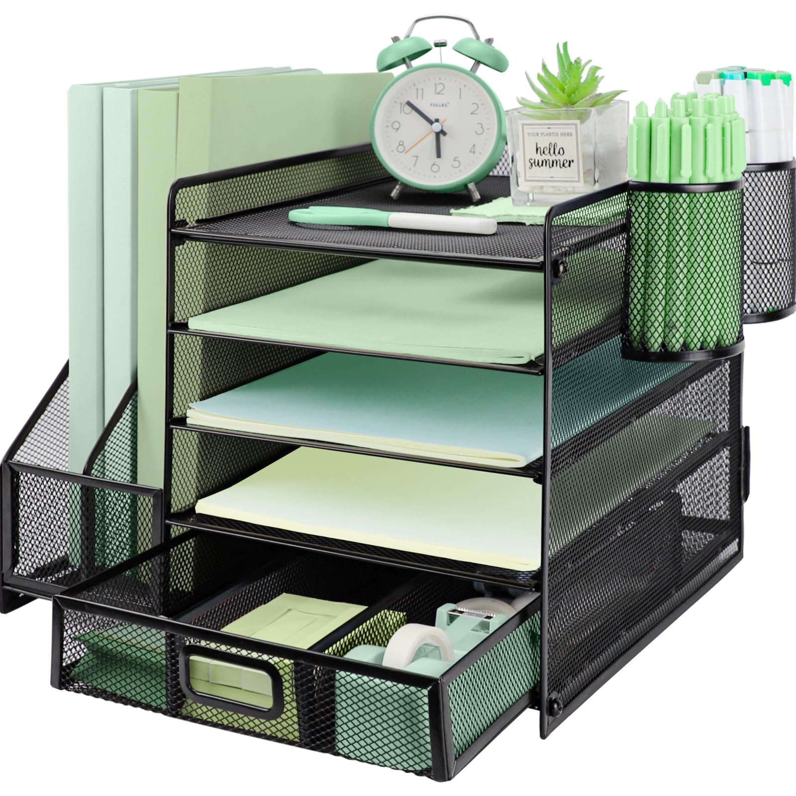 Organizador de Escritorio, 5 Niveles Malla Metálica Organizador Bandejas Papel con Estante para Archivos con Cajones 2 Bolígrafos Revistero, para Almacenamiento De Suministros Oficina