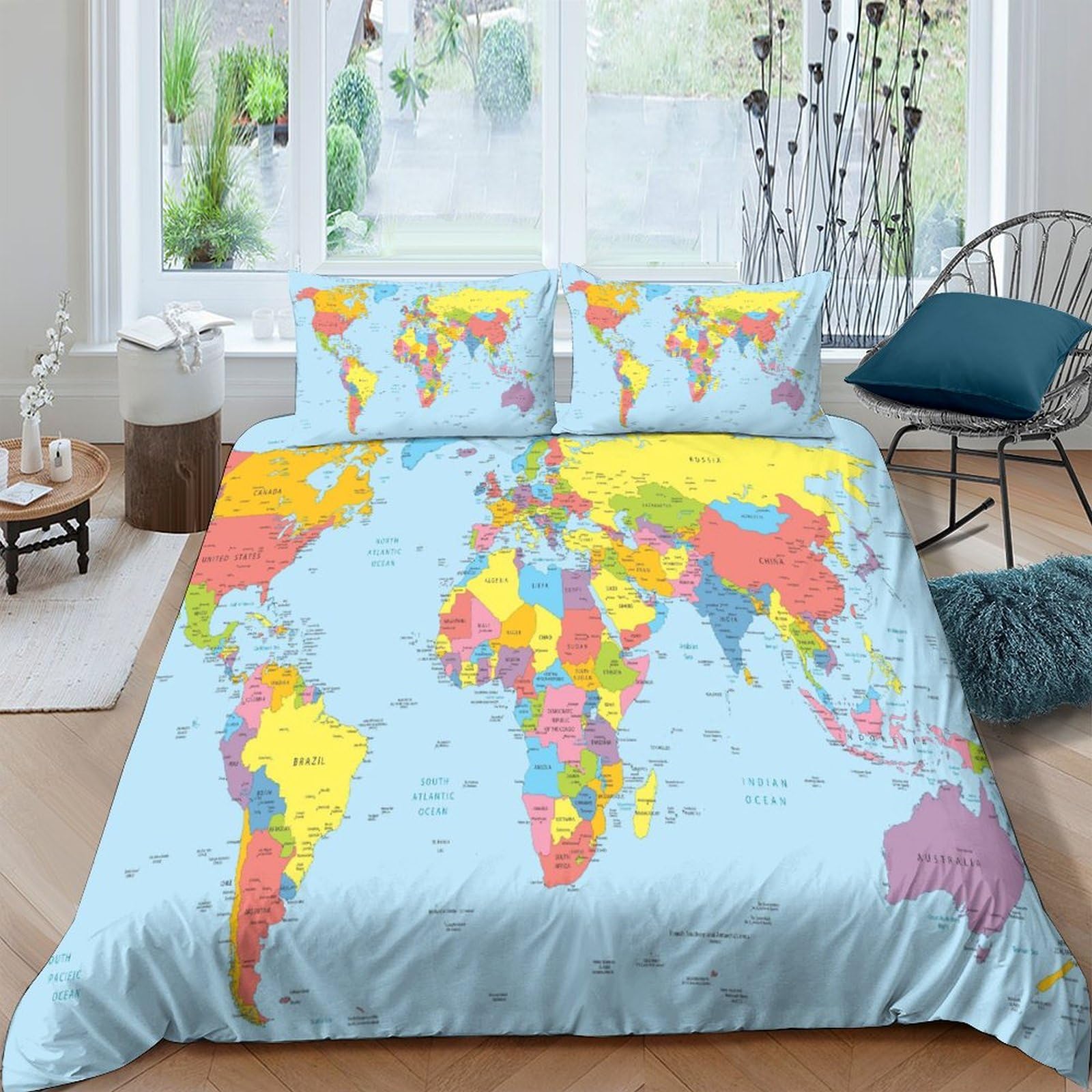 AAHARYA World Map Bedding Set Soft Microfiber World Map Duvet Cover with A Sense of 3D Print for Kids,Adults,with Hidden Zipper Quilt Cover Pillowcase 3pcs Set Double（200x200cm）