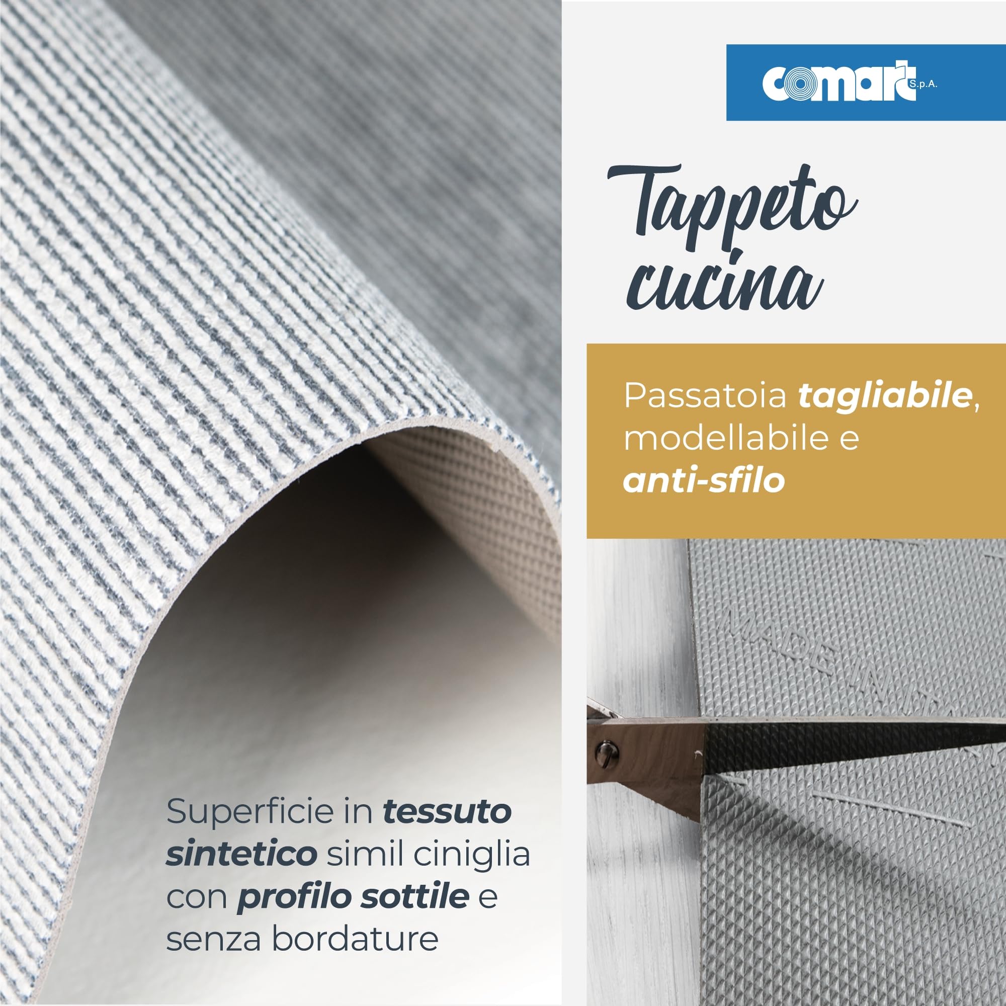 Comart - Tappeto Cucina Nancy - Antiscivolo - Lavabile in Lavatrice - Moderna Passatoia in Ciniglia - Runner per Corridoio e Cucina - Morbido e Resistente - Made in Italy - Perla - 50x230 cm