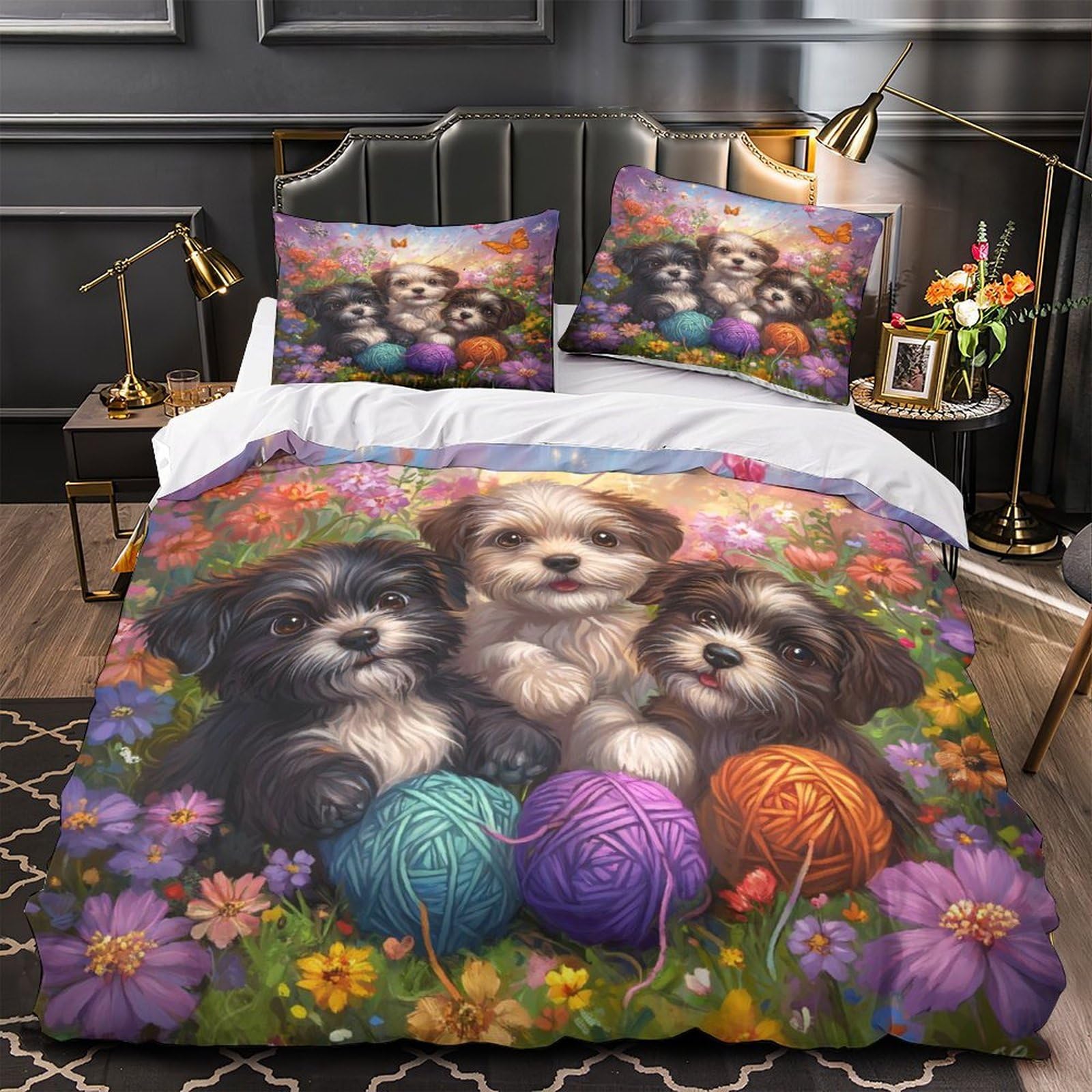 Parure de lit Caniche microfibre anti-plis et facile à laver pour lit King Size 220x240cm
