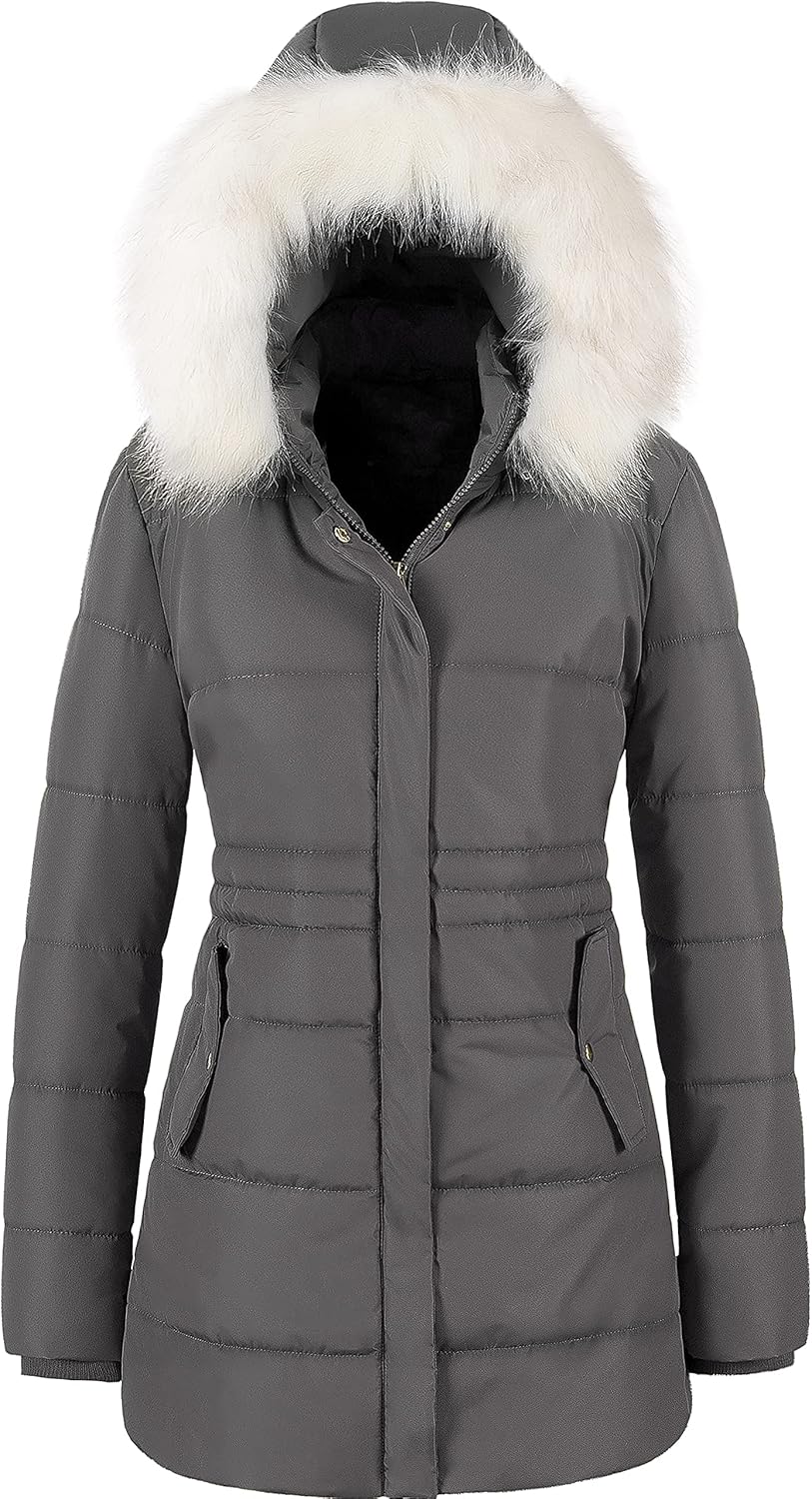 Chrisuno Women's Winter Warm Coats Puffer Jacket Long Drawstring Waterproof Snow Parka With Removable Faux Fur Trim Hood