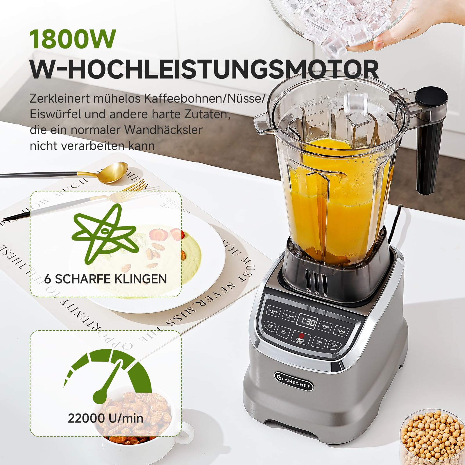 AMZCHEF 2-IN-1 Standmixer mit Zwei Mischbehälter - Blender mixer Hochleistungsmixer 1800 Watt - 1,85 Liter&600ML mixer Smoothie Maker mit 6 Klingen - Tragbarer 600ml Bullet Mixer mit Deckel - Grau