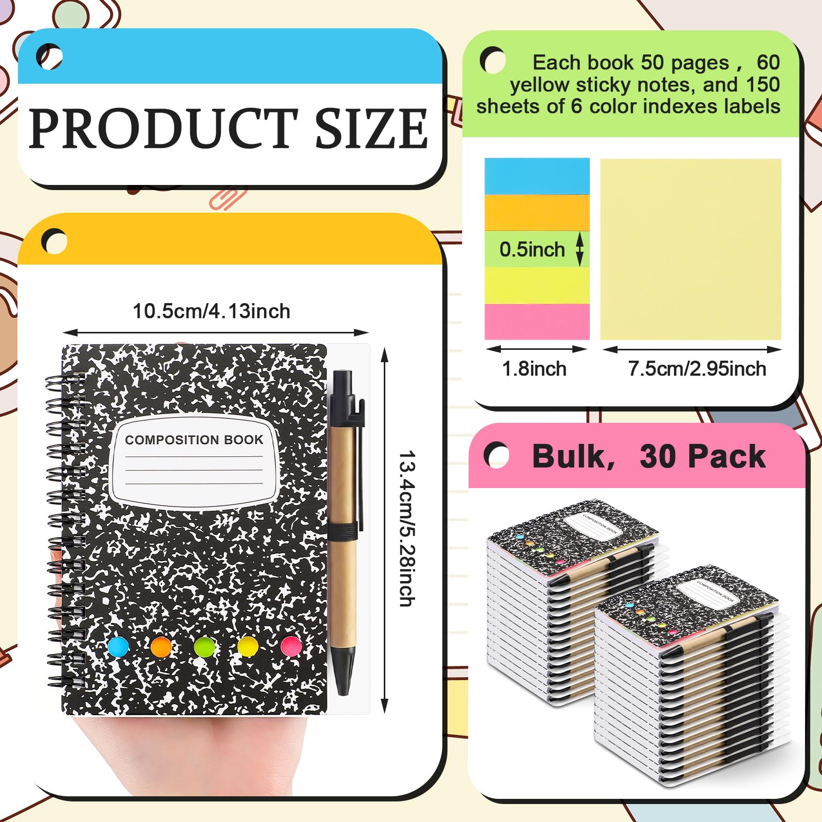Qilery Paquete de 30 cuadernos con espiral con forro de composición, bloc de notas pequeño y bolígrafo, bloc de notas rayado, cuaderno de bolsillo negro para negocios, oficina, suministros escolares