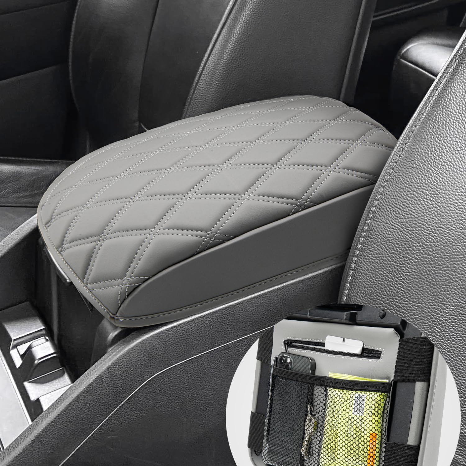 Center Console Cover for 2009-2015 Honda Pilot Accessories, PU Leather Car Armrest Protector, Anti-Scratch (Gray)