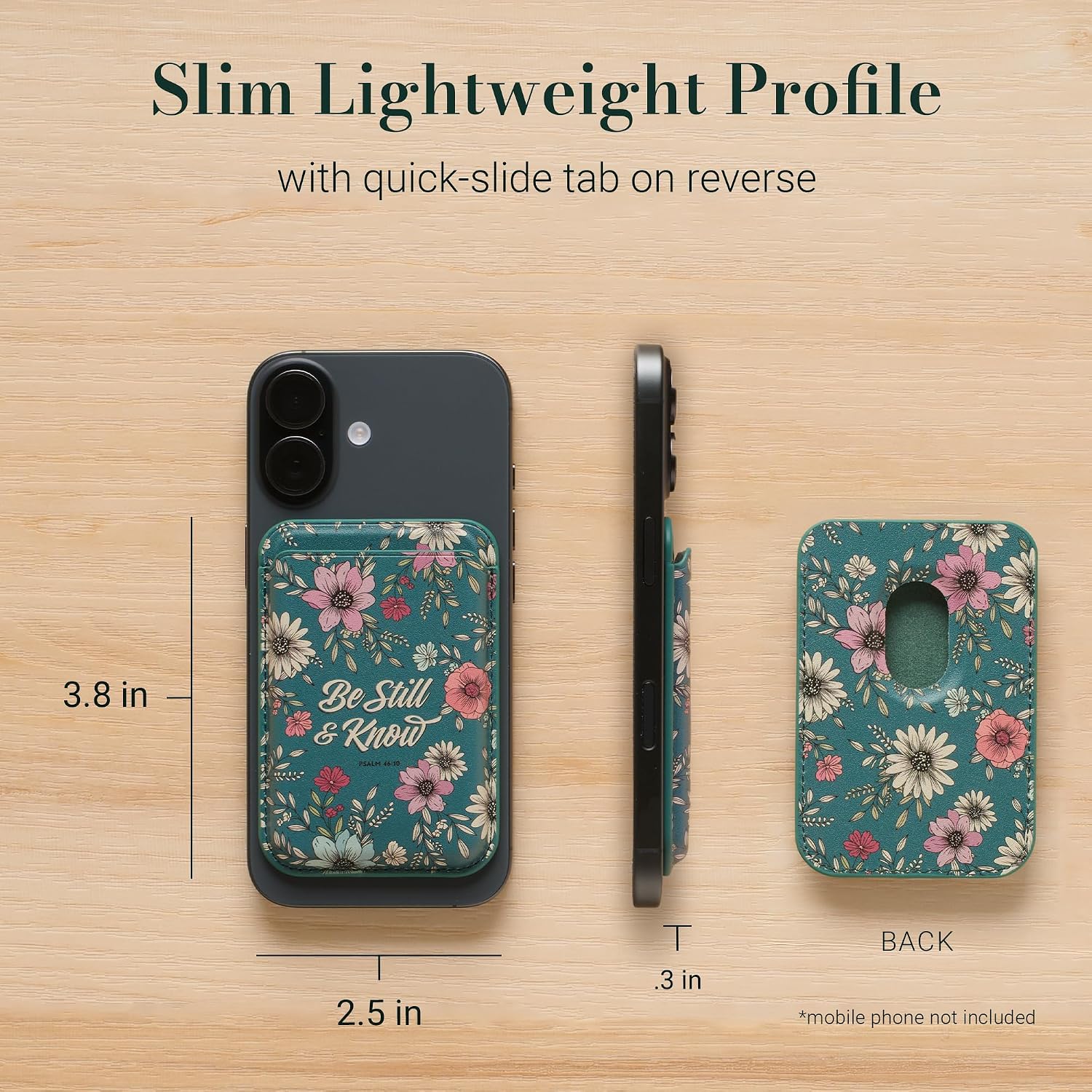 Christian Art Gifts Magnetic Phone Wallet for Women: Be Still Encouraging Scripture, MagSafe Compatible, Premium Faux Leather, Slim Design Cash & Card Holder, Cute Teal Multicolor Floral, 3.8" x 2.5"