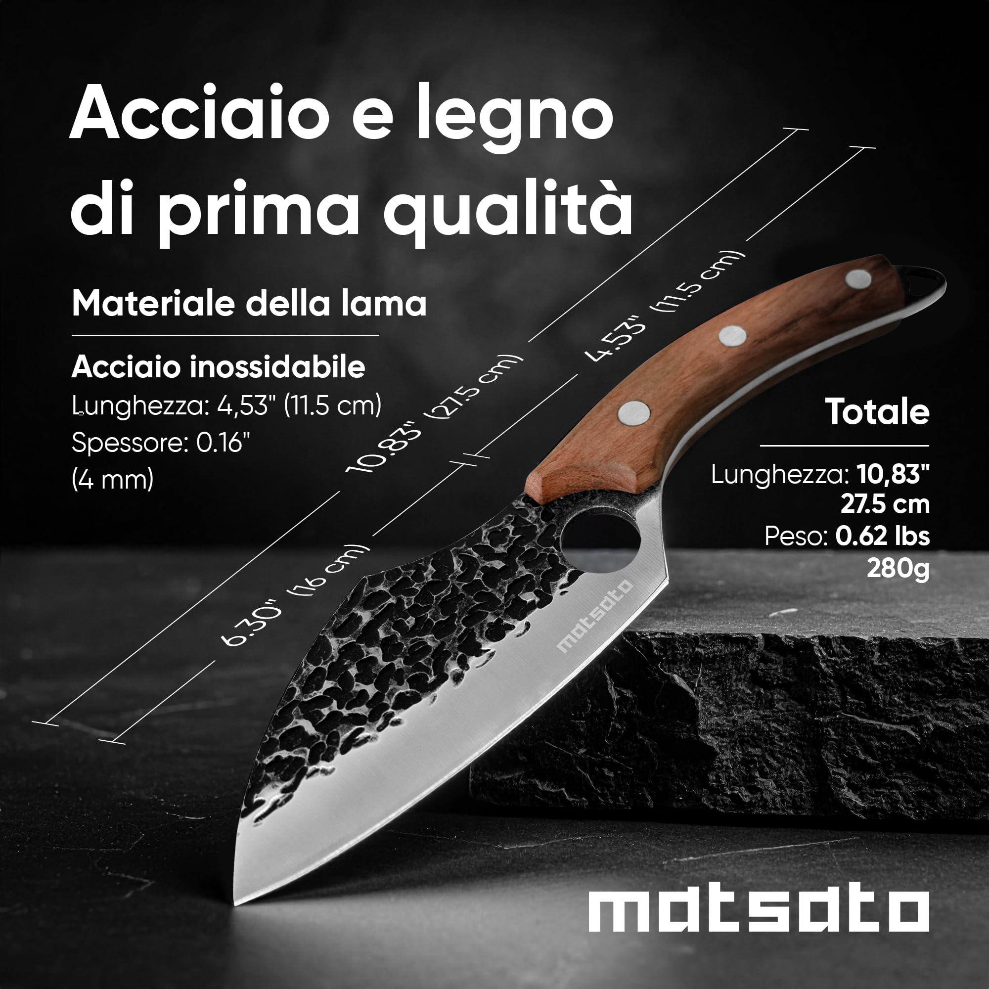 Matsato Coltello da Cucina Professionale in Acciaio Giapponese - Coltello Chef con Lama da 16 cm, Manico in Legno di Faggio - Ideale per Cuoco e Accessori Barbecue