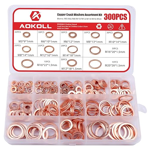 AOKOLL 300 piezas de arandelas de trituración de cobre M5 M6 M8 M10 M12 M14 M16 M20 Kit surtido de arandelas planas de sellado (cobre)