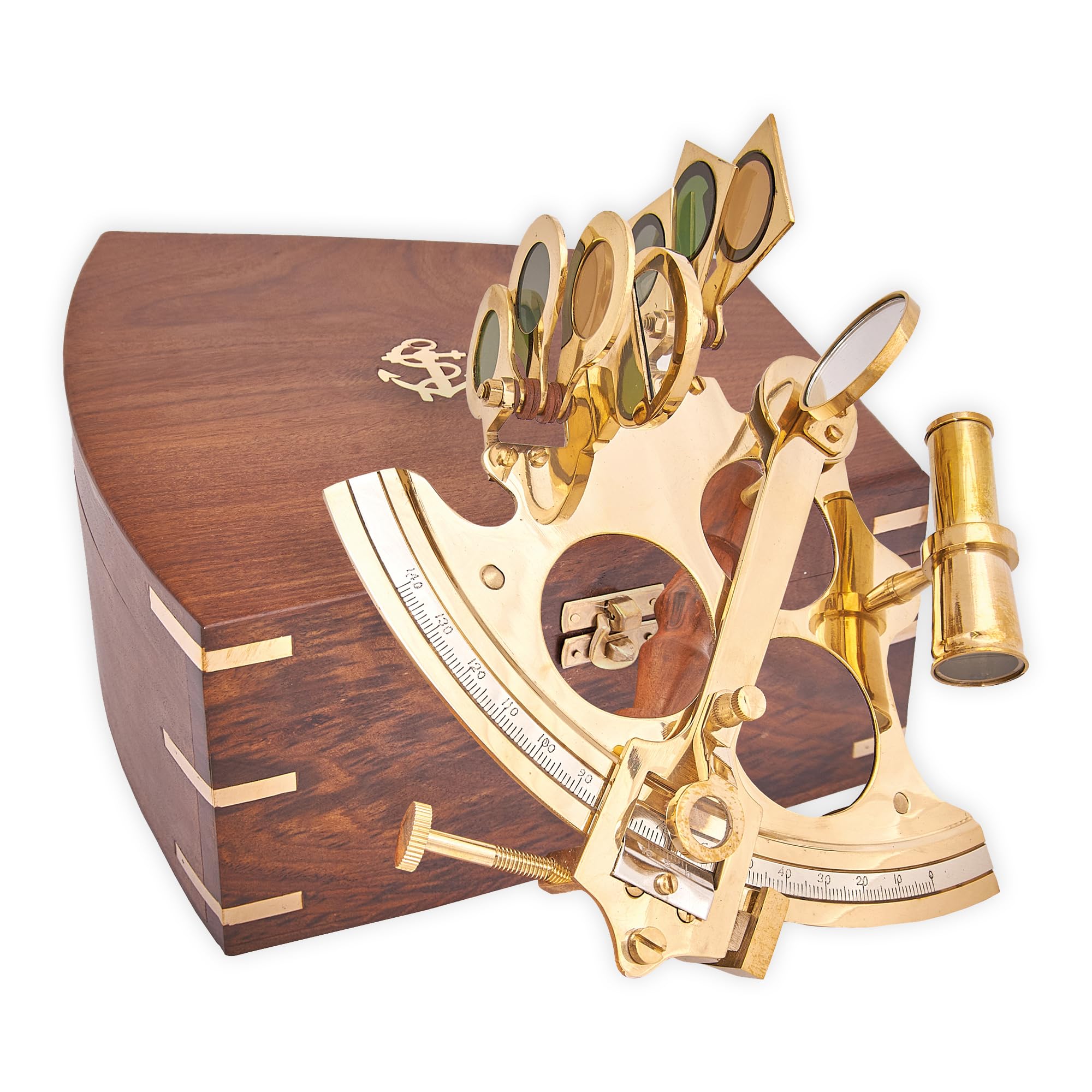 Sextante Náutico Antiguo con Caja de Madera, Instrumento de Navegación Decorativo, Astrolabio Marítimo Antiguo Estilo Vintage, Sextante Latón Macizo para Regalo (Grande: 21 x 21 x 7,5 cm)