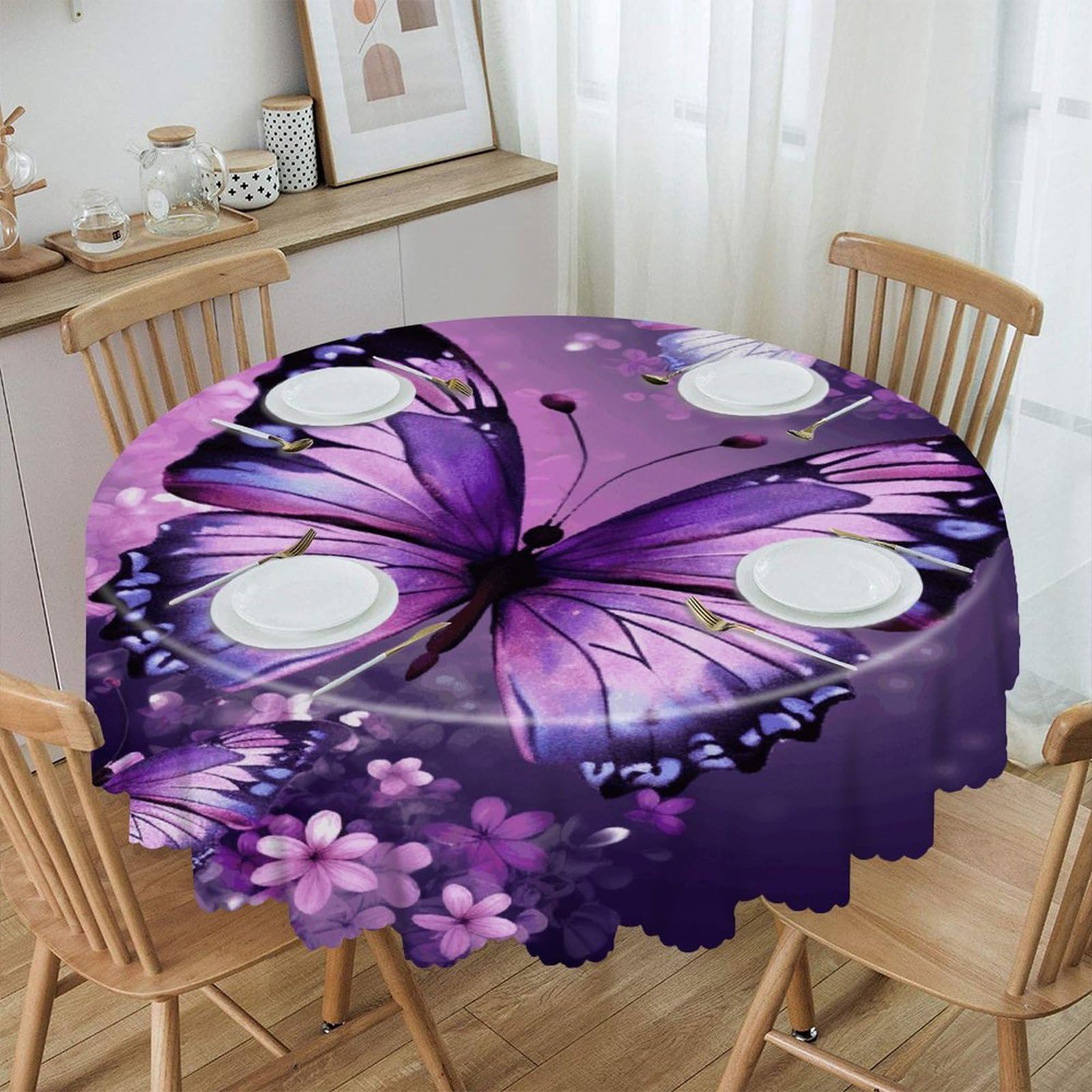 FekiLoot Beautiful Purple Butterfly Art Round Tablecloths 60 Inch Resistant Washable Polyester Table Cloth Style Decorative Circle Fabric Table Cover for Dining Kitchen Party Farmhouse Outdoor