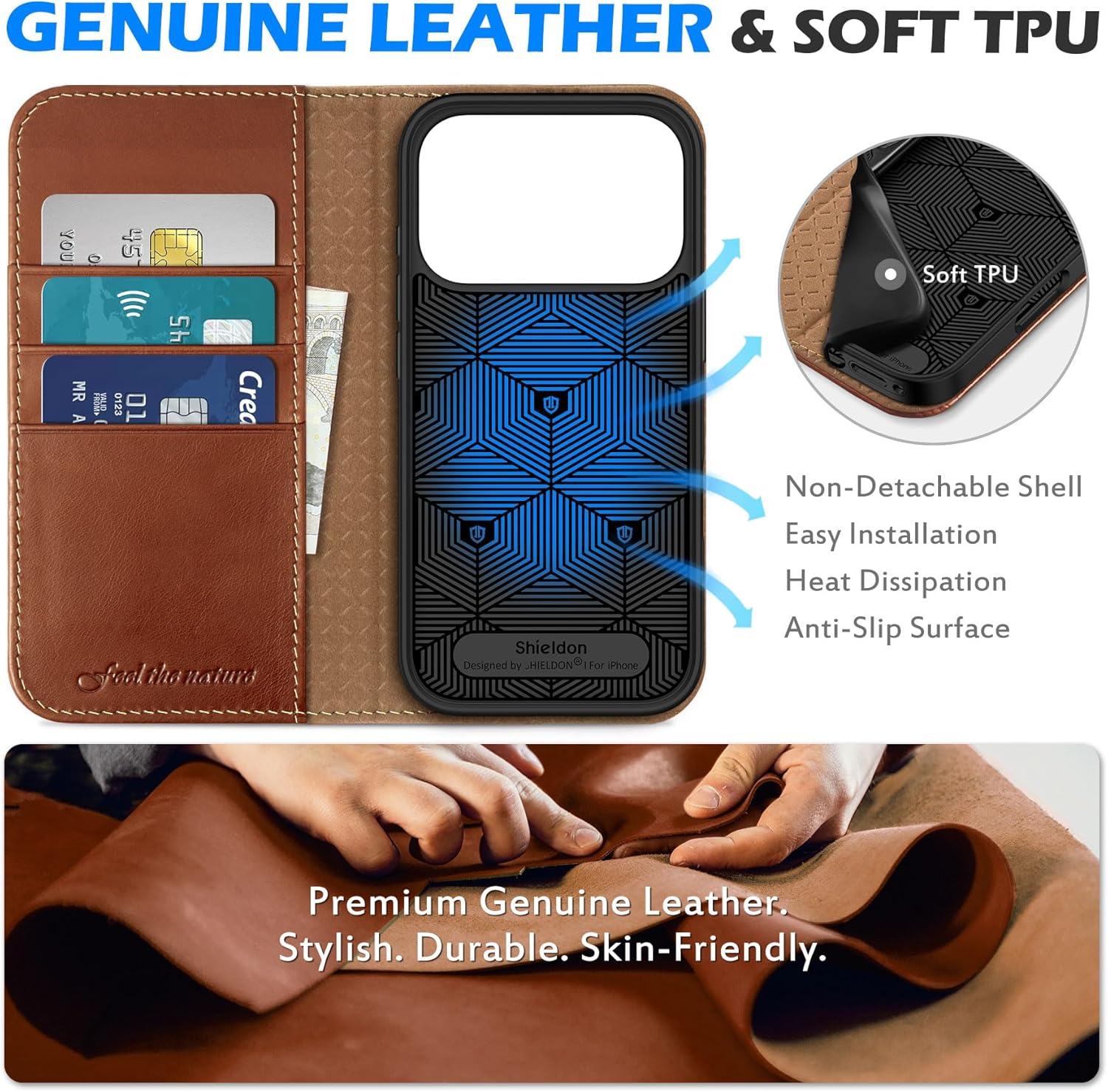 SHIELDON Genuine Leather Wallet Case for iPhone 17 Pro 6.3" 2025 | Flip Cover | Magnetic Closure | RFID Blocking Credit Card Holder | Kickstand | Shockproof Phone Cover | Retro Brown - Image 3