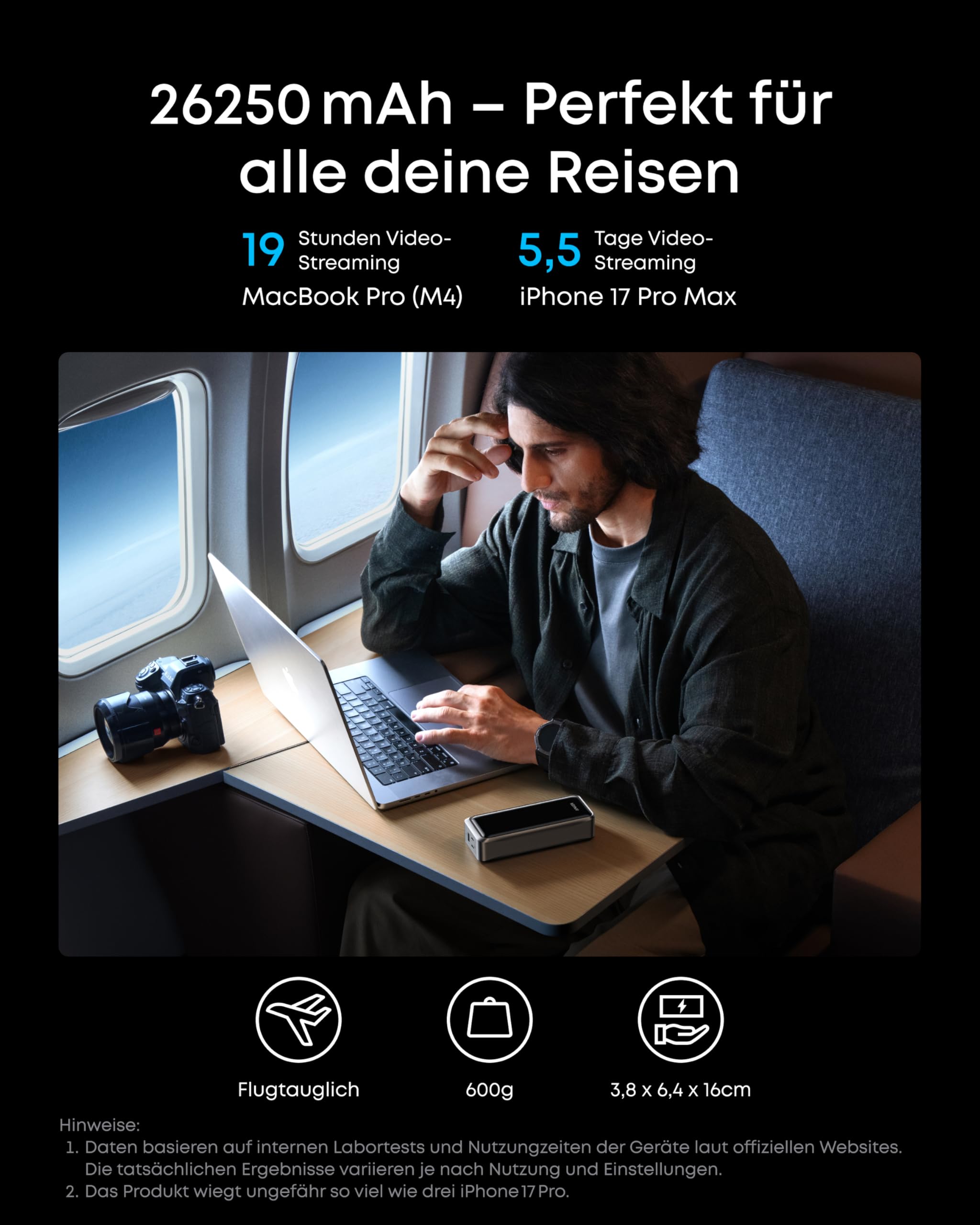 Anker Prime Powerbank 26250mAh, 300W max, bidirektionales Laden, 250W Dual-Input & 140W Single-Port, TSA-zugelassen, App-Steuerung, Display, kompatibel mit MacBook Pro & iPhone 17/16 (ohne Ladebasis)