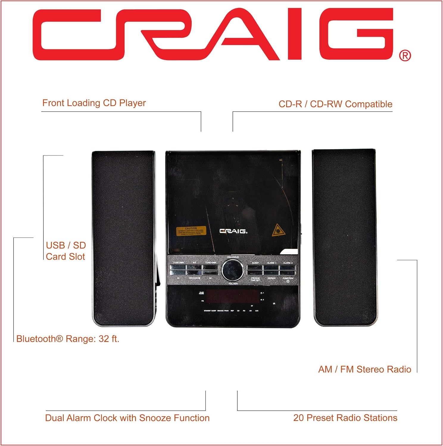 Craig CM427BT-BK 3-Piece Vertical CD Stereo Shelf System with AM/FM Radio, Bluetooth Wireless Technology & Remote Control in Black | LED Display | Dual Alarm Clock with Snooze | AUX Port Compatible |