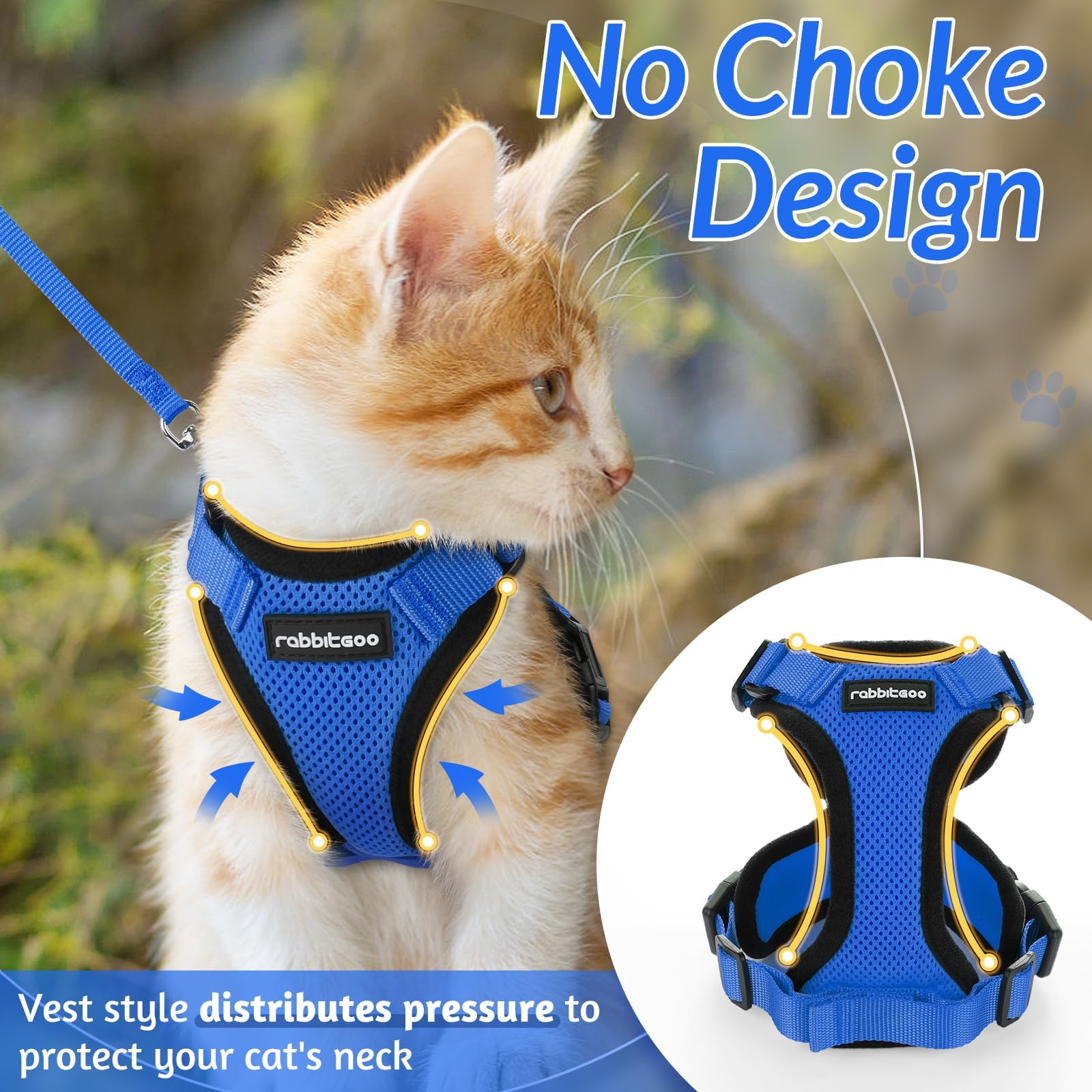 rabbitgoo Pettorina Gatto Antifuga con Guinzaglio, Guinzaglio per Gatti Regolabile, Pettorina Cane Taglia Piccola Riflettente, Imbracatura Gatto Adulto in Maglia Traspirante per Passeggiate, Blu, XXS