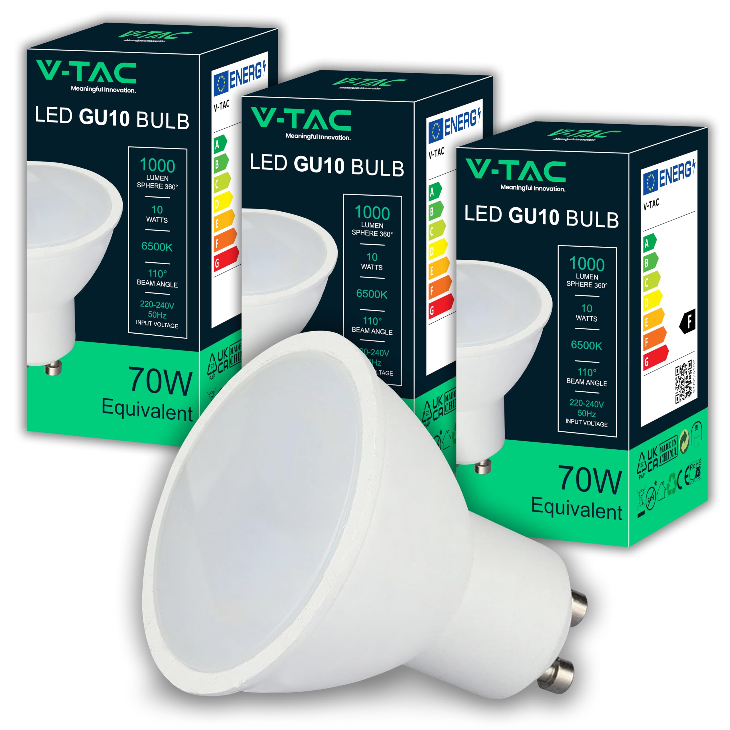 V-TAC 3x Lampadine LED GU10 - Alta Luminosità 10W (Equivalenti a 70W) - 1000 Lumen - Faretto Led GU10 per Massima Efficienza e Risparmio Energetico - 6500K Luce Fredda