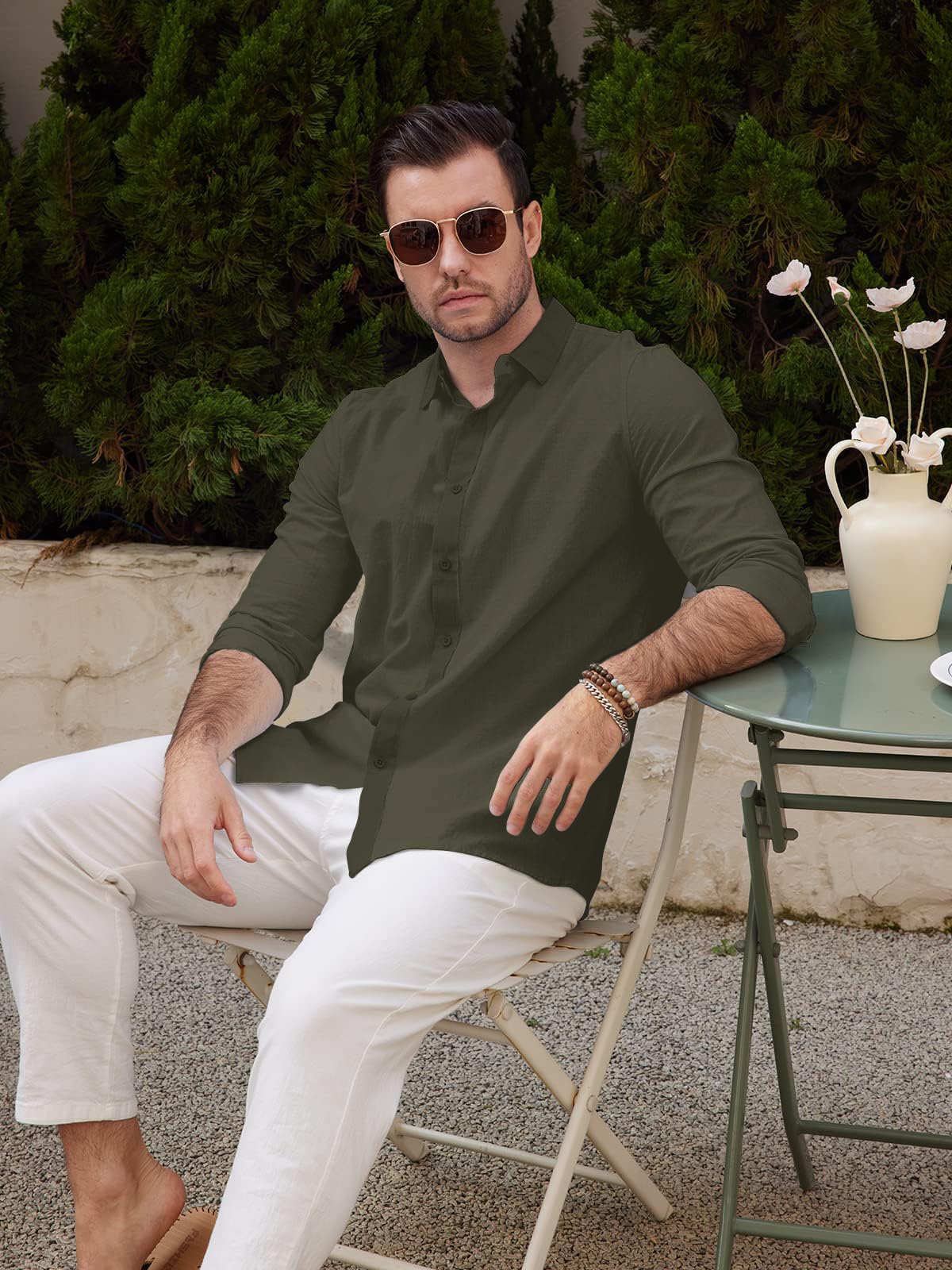 Friptspyg Uomo Camicia Lino Cotone a Maniche Lunghe Casual Camicia da Spiaggia vestibilità Regolare Camicie Estive